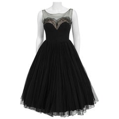 Retro 1950's Harvey Berin Documented Black Chiffon & Lace Illusion Full Dress