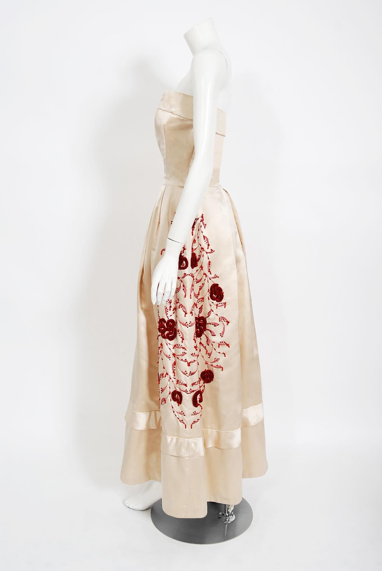 Beige Vintage 1950's Harvey Berin Embroidered Floral Ivory Silk Strapless Bridal Dress