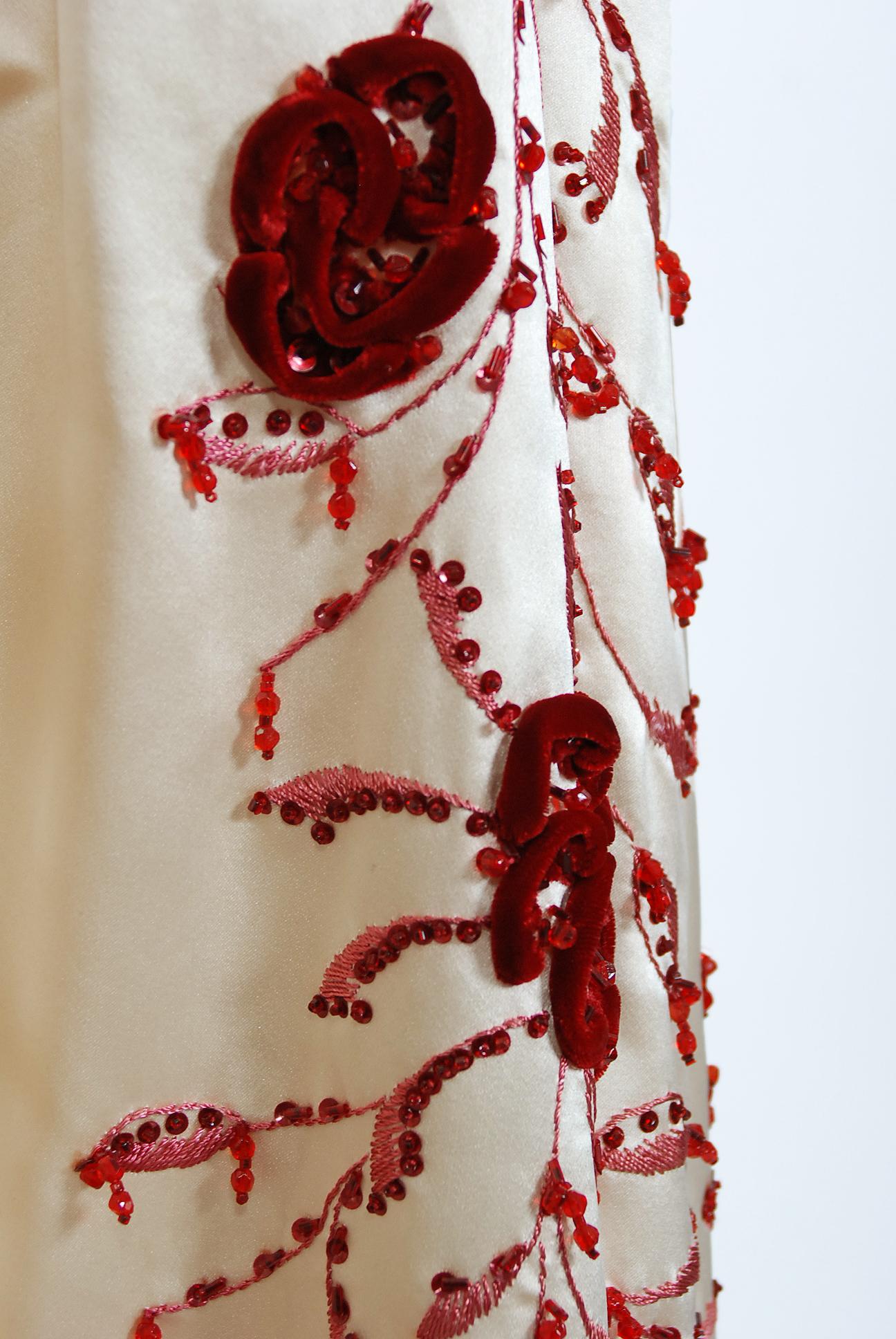 Vintage 1950's Harvey Berin Embroidered Floral Ivory Silk Strapless Bridal Dress 1