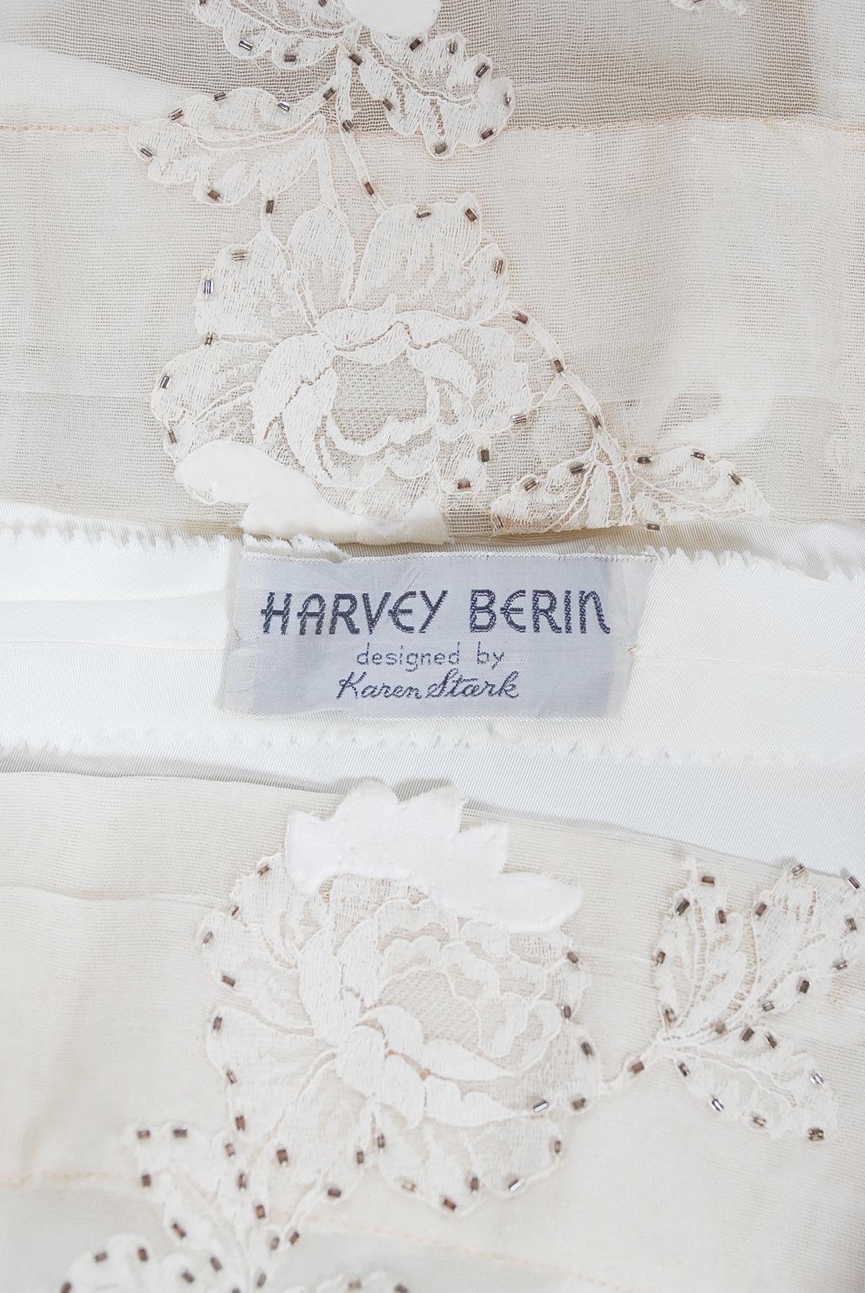Vintage 1950's Harvey Berin Ivory Beaded Lace Appliqué Silk Strapless Full Dress 8