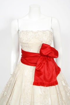 Vintage 1950's Harvey Berin Ivory Beaded Lace Appliqué Silk Strapless Full Dress
