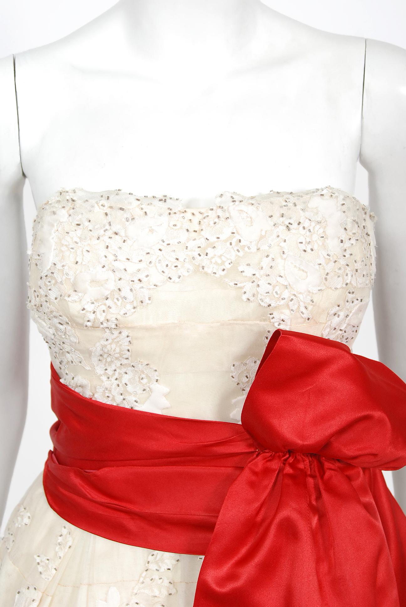Beige Vintage 1950's Harvey Berin Ivory Beaded Lace Appliqué Silk Strapless Full Dress