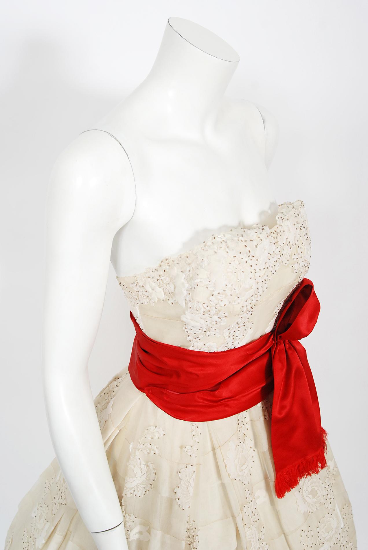 Women's Vintage 1950's Harvey Berin Ivory Beaded Lace Appliqué Silk Strapless Full Dress