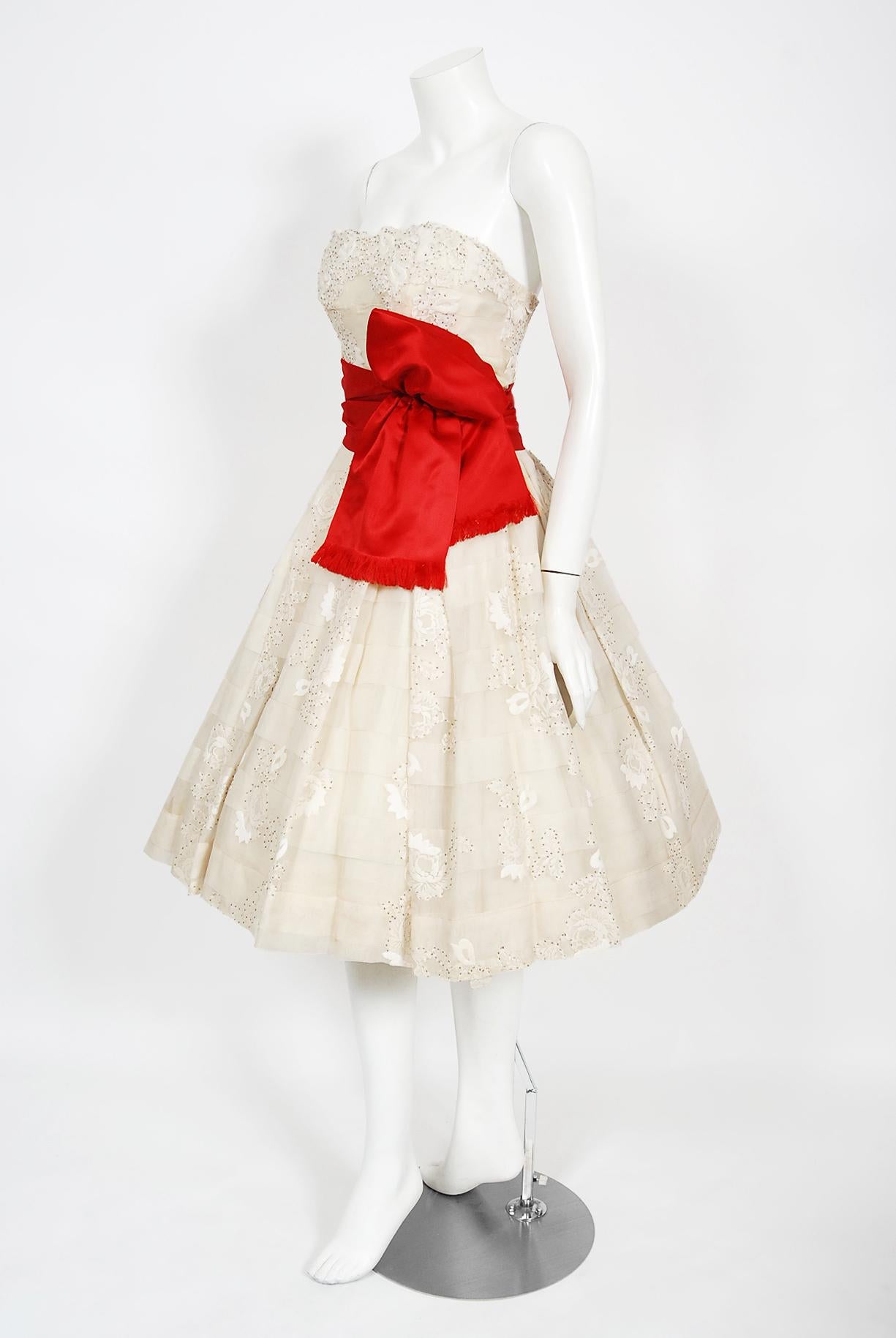 Vintage 1950's Harvey Berin Ivory Beaded Lace Appliqué Silk Strapless Full Dress 1