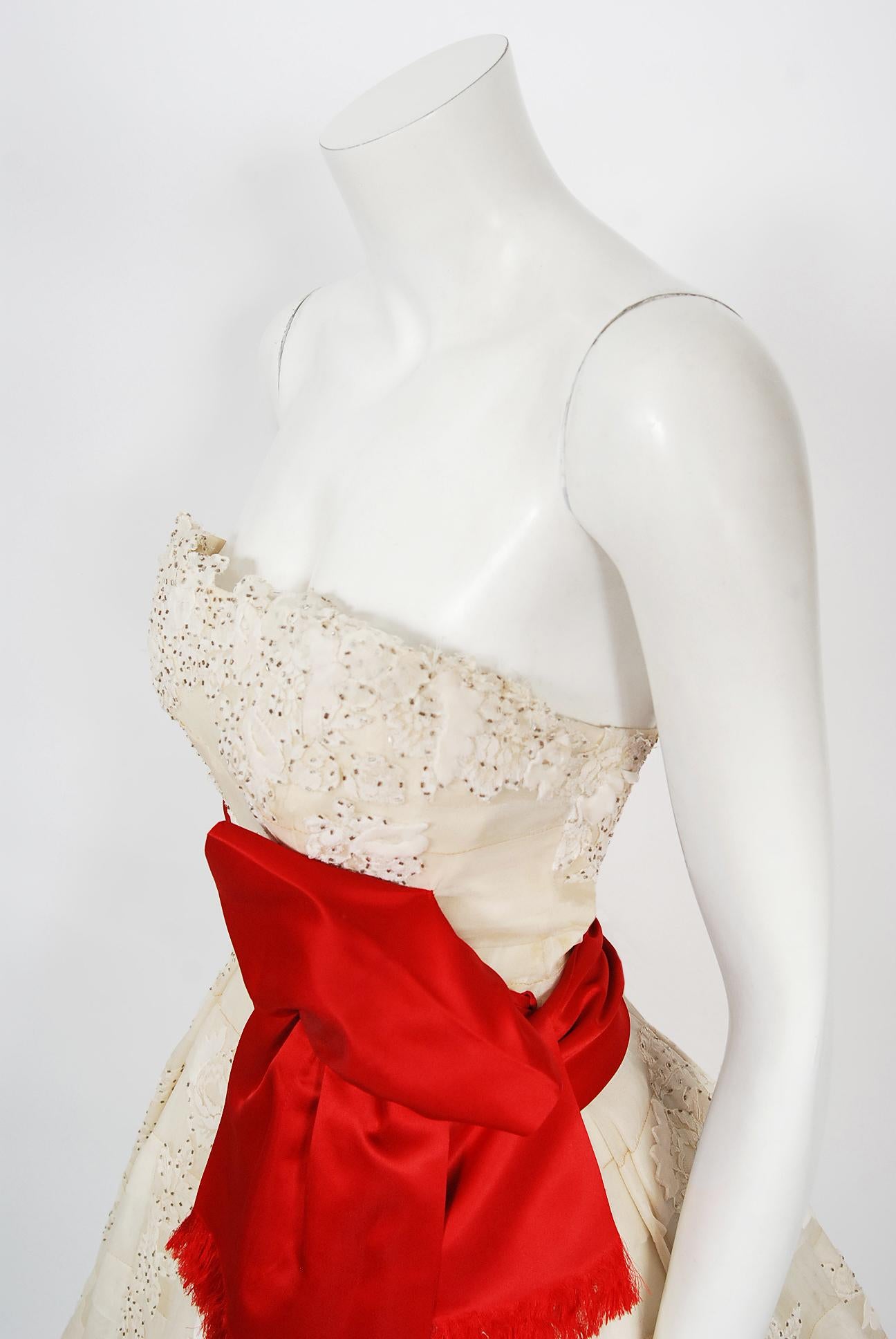Vintage 1950's Harvey Berin Ivory Beaded Lace Appliqué Silk Strapless Full Dress 2