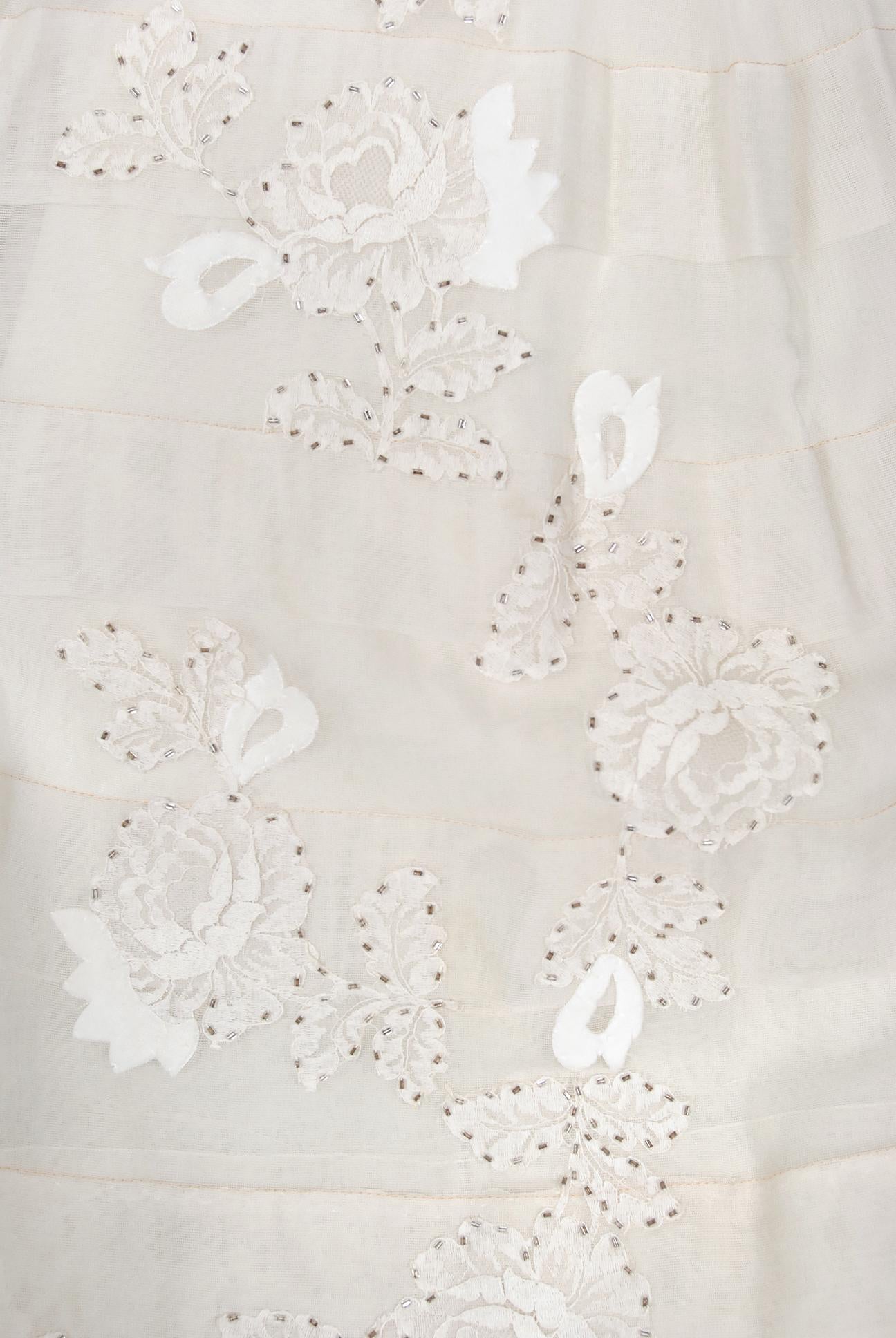 Vintage 1950's Harvey Berin Ivory Beaded Lace Appliqué Silk Strapless Full Dress 3