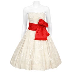 Vintage 1950's Harvey Berin Ivory Beaded Lace Appliqué Silk Strapless Full Dress