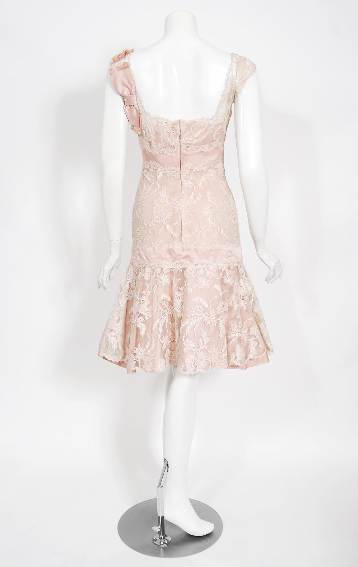 Vintage 1950s Harvey Berin Pale-Pink Lace Illusion & Silk Flounce Cocktail Dress For Sale 2