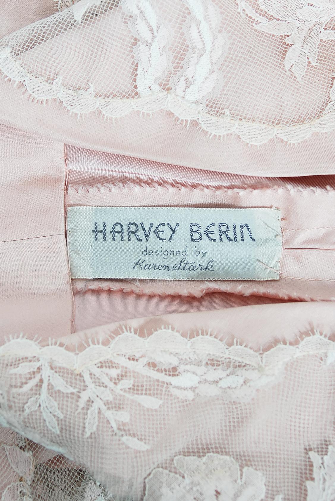 Vintage 1950s Harvey Berin Pale-Pink Lace Illusion & Silk Flounce Cocktail Dress For Sale 5