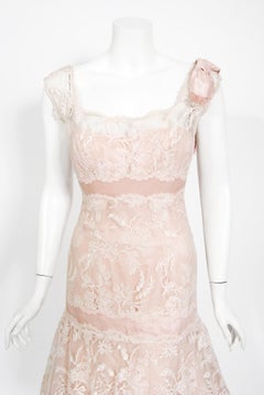 1950's Harvey Berin Pale-Pink Sheer Lace Illusion & Silk Flounce Cocktail Dress