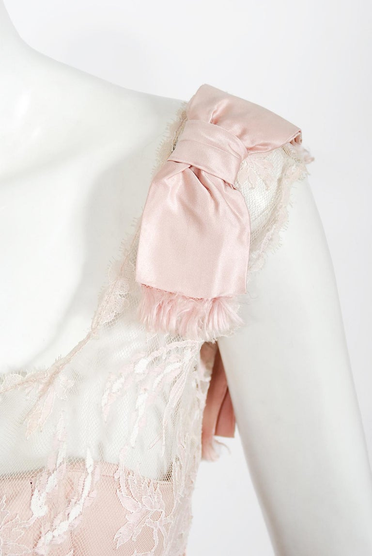 Beige Vintage 1950s Harvey Berin Pale-Pink Lace Illusion & Silk Flounce Cocktail Dress For Sale