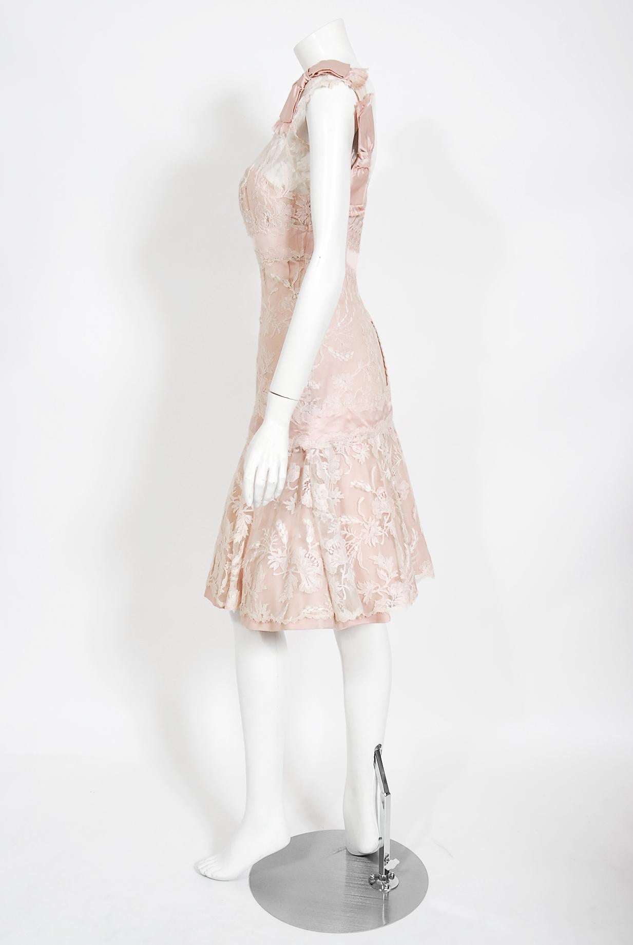 Beige Vintage 1950s Harvey Berin Pale-Pink Lace Illusion & Silk Flounce Cocktail Dress For Sale