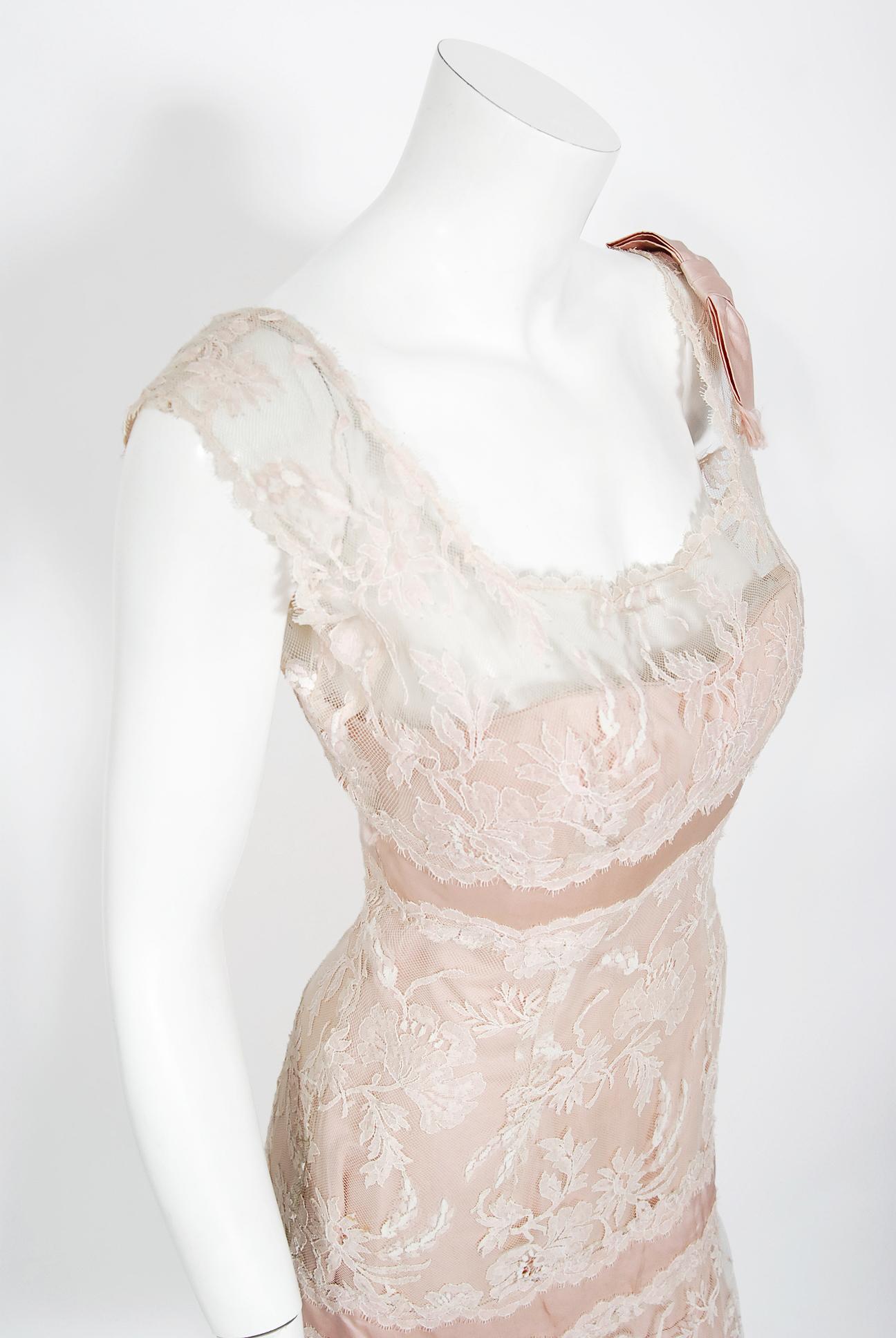 Vintage 1950s Harvey Berin Pale-Pink Lace Illusion & Silk Flounce Cocktail Dress For Sale 1
