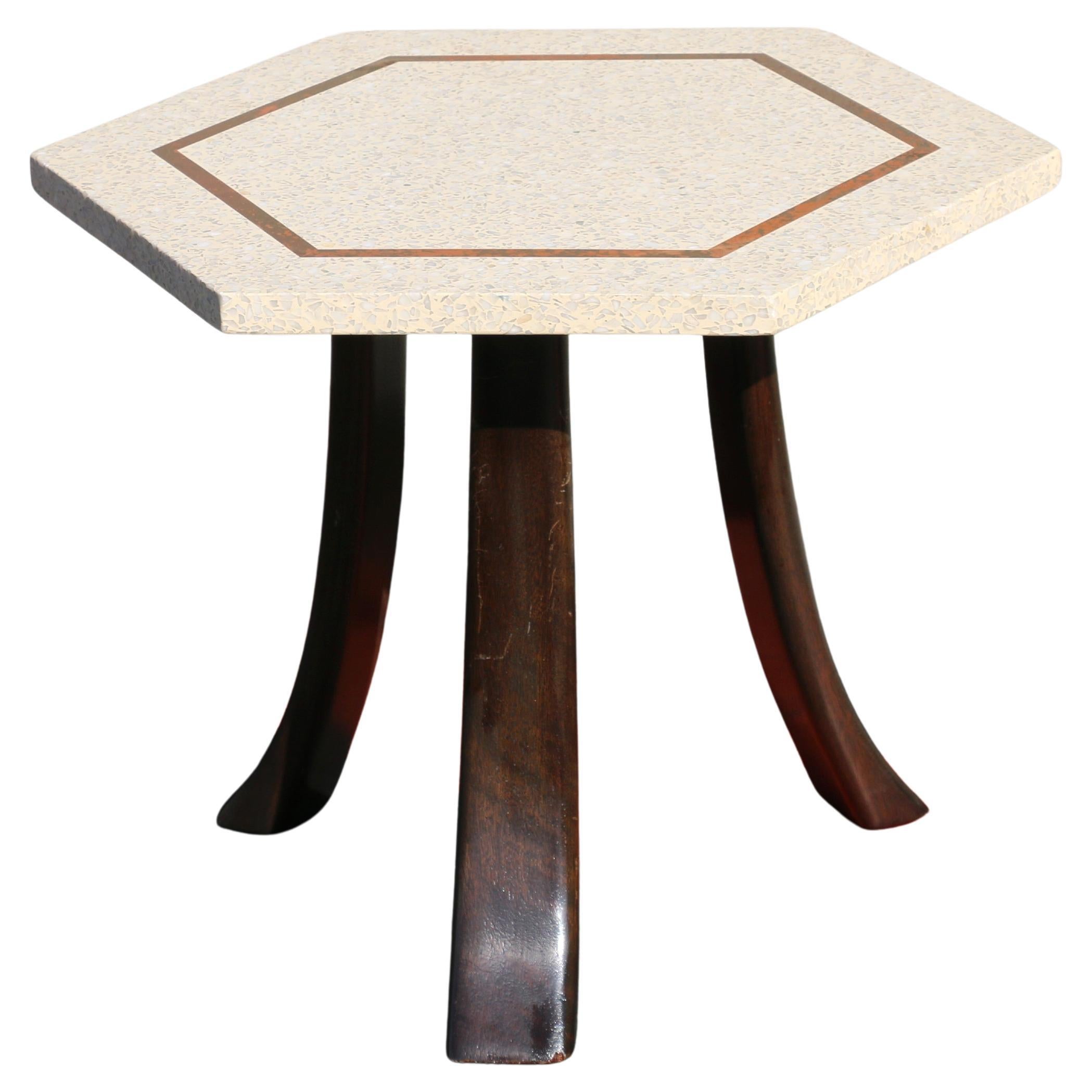 Vintage 1950s Harvey Probber Hexagonal Side Table – Terrazzo Top & Brass Inlay