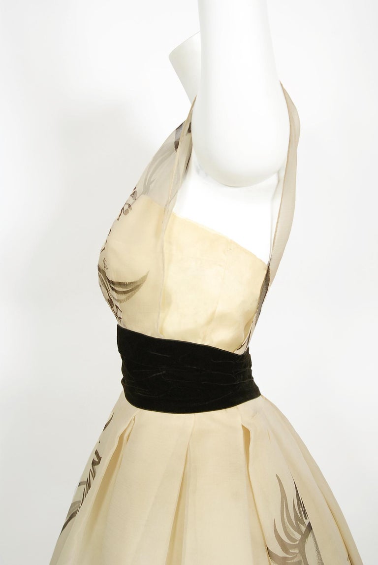 Vintage 1950's Hattie Carnegie Couture Whimsical Hand-Painted Cream Silk Gown  For Sale 6
