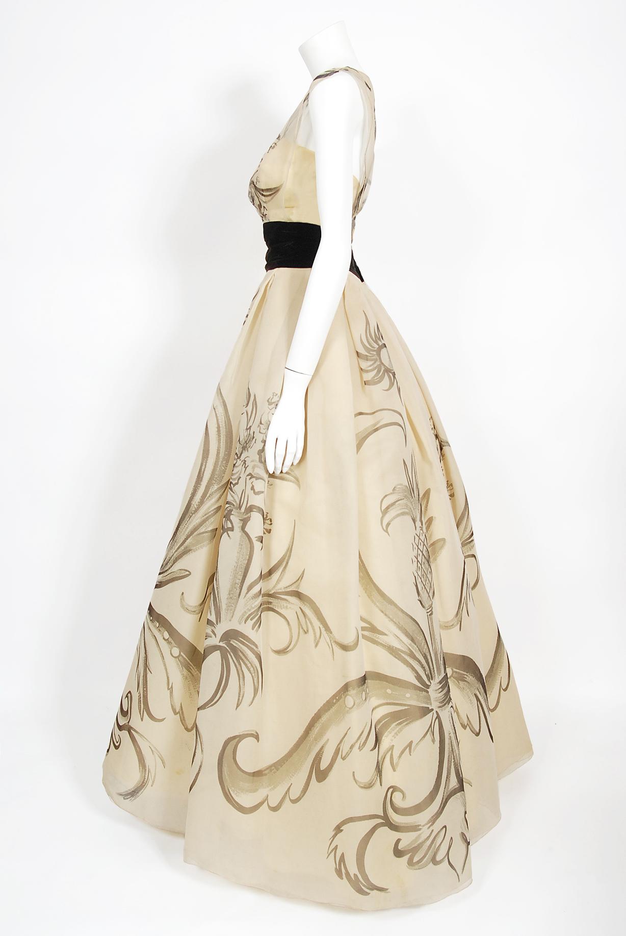 Vintage 1950's Hattie Carnegie Couture Whimsical Hand-Painted Cream Silk Gown  4