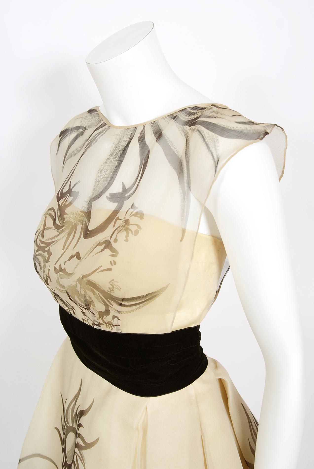 Vintage 1950's Hattie Carnegie Couture Whimsical Hand-Painted Cream Silk Gown  5