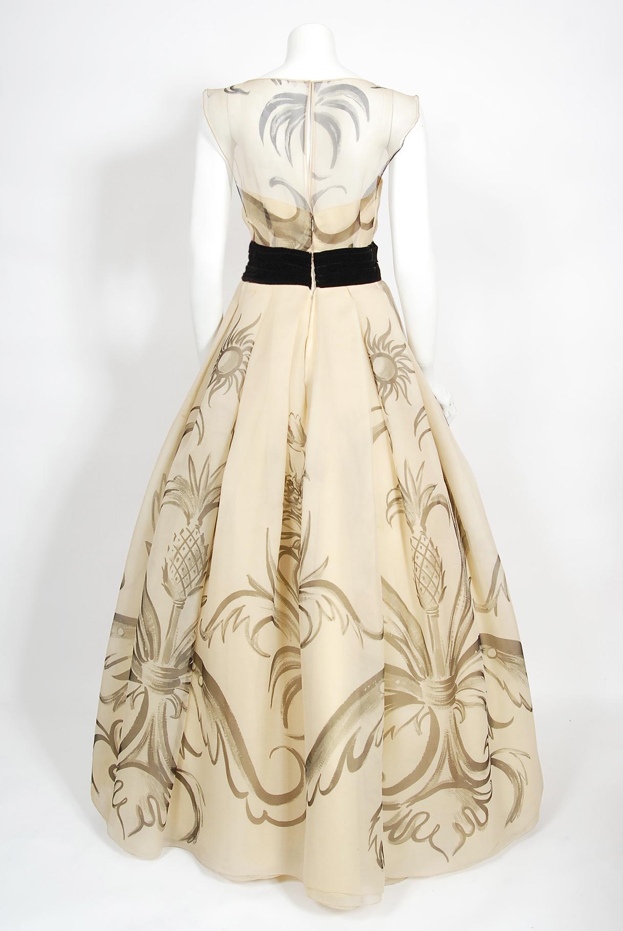 Vintage 1950's Hattie Carnegie Couture Whimsical Hand-Painted Cream Silk Gown  6