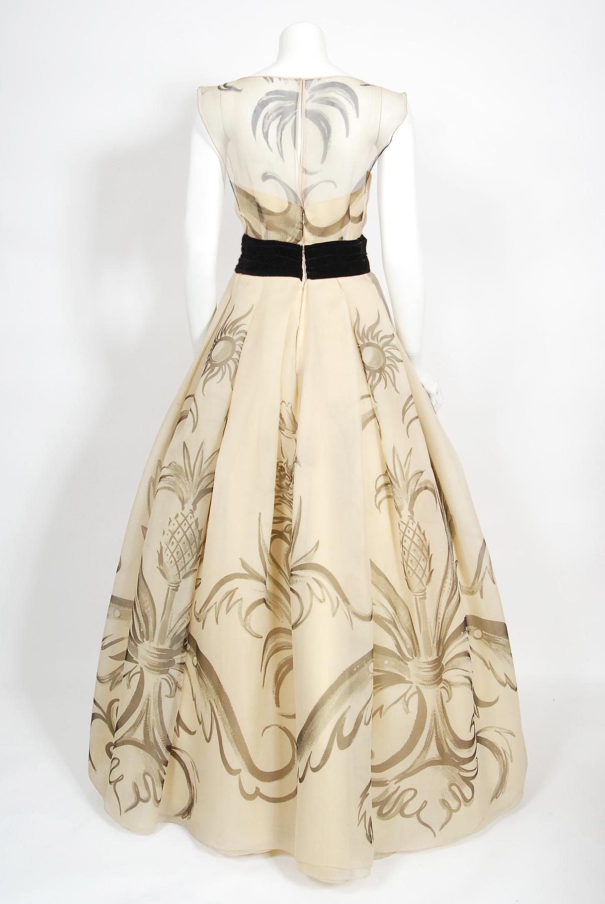 Vintage 1950's Hattie Carnegie Couture Whimsical Hand-Painted Cream Silk Gown 6