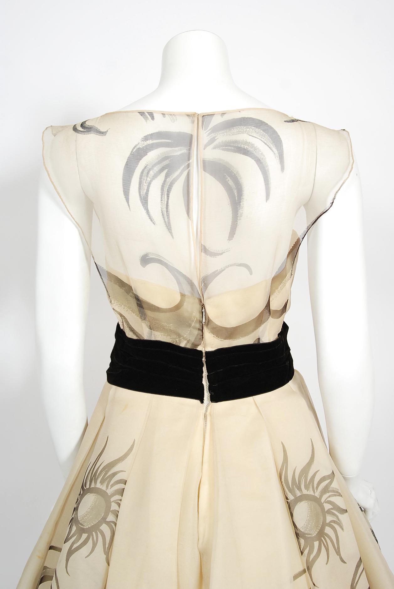Vintage 1950's Hattie Carnegie Couture Whimsical Hand-Painted Cream Silk Gown  7