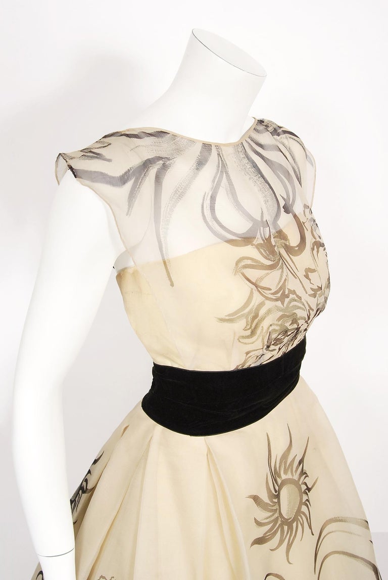 Women's Vintage 1950's Hattie Carnegie Couture Whimsical Hand-Painted Cream Silk Gown  For Sale