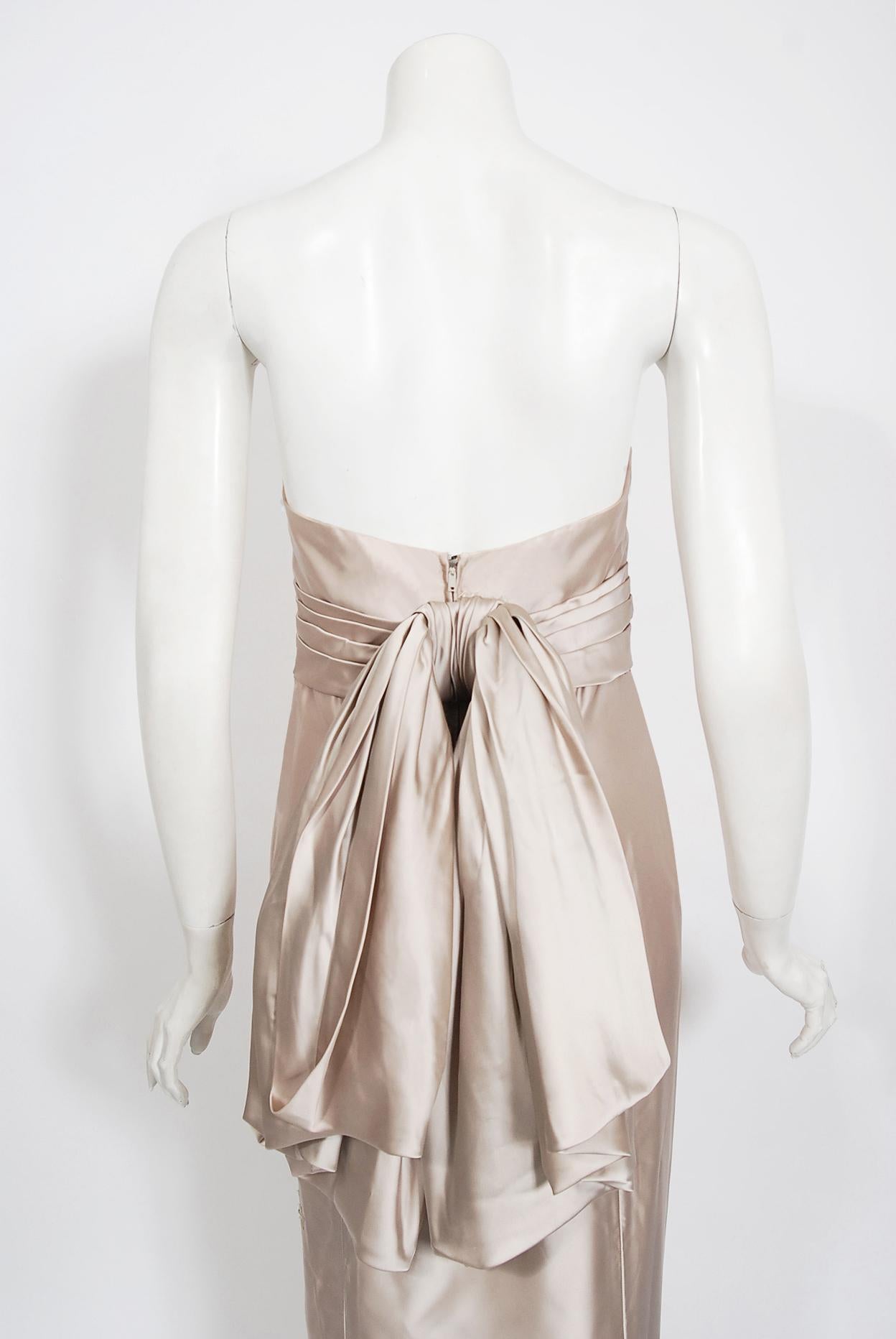 Vintage 1950's Helena Barbieri Champagne Beaded Silk Strapless Back-Bow Gown  5
