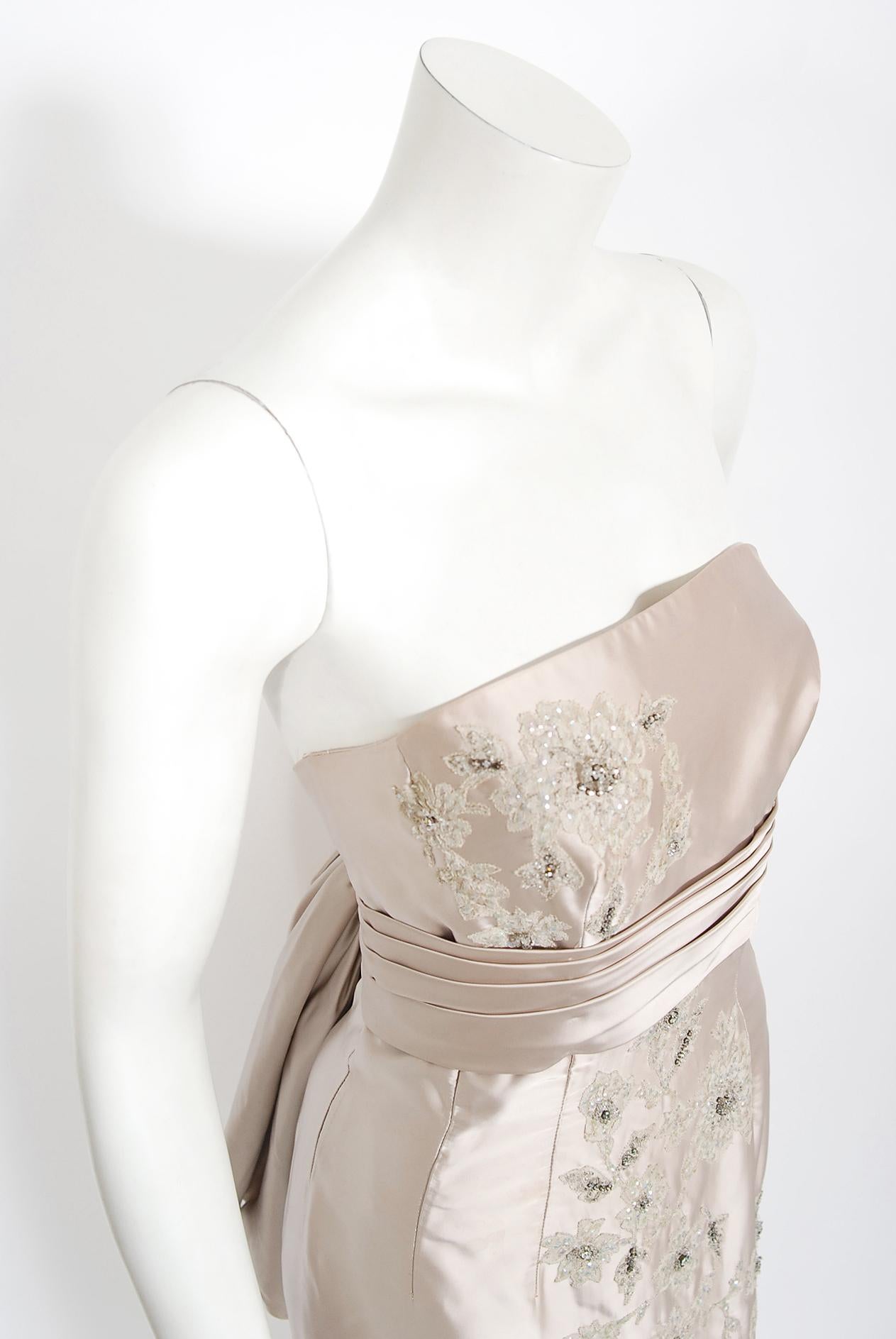 Beige Vintage 1950's Helena Barbieri Champagne Beaded Silk Strapless Back-Bow Gown 