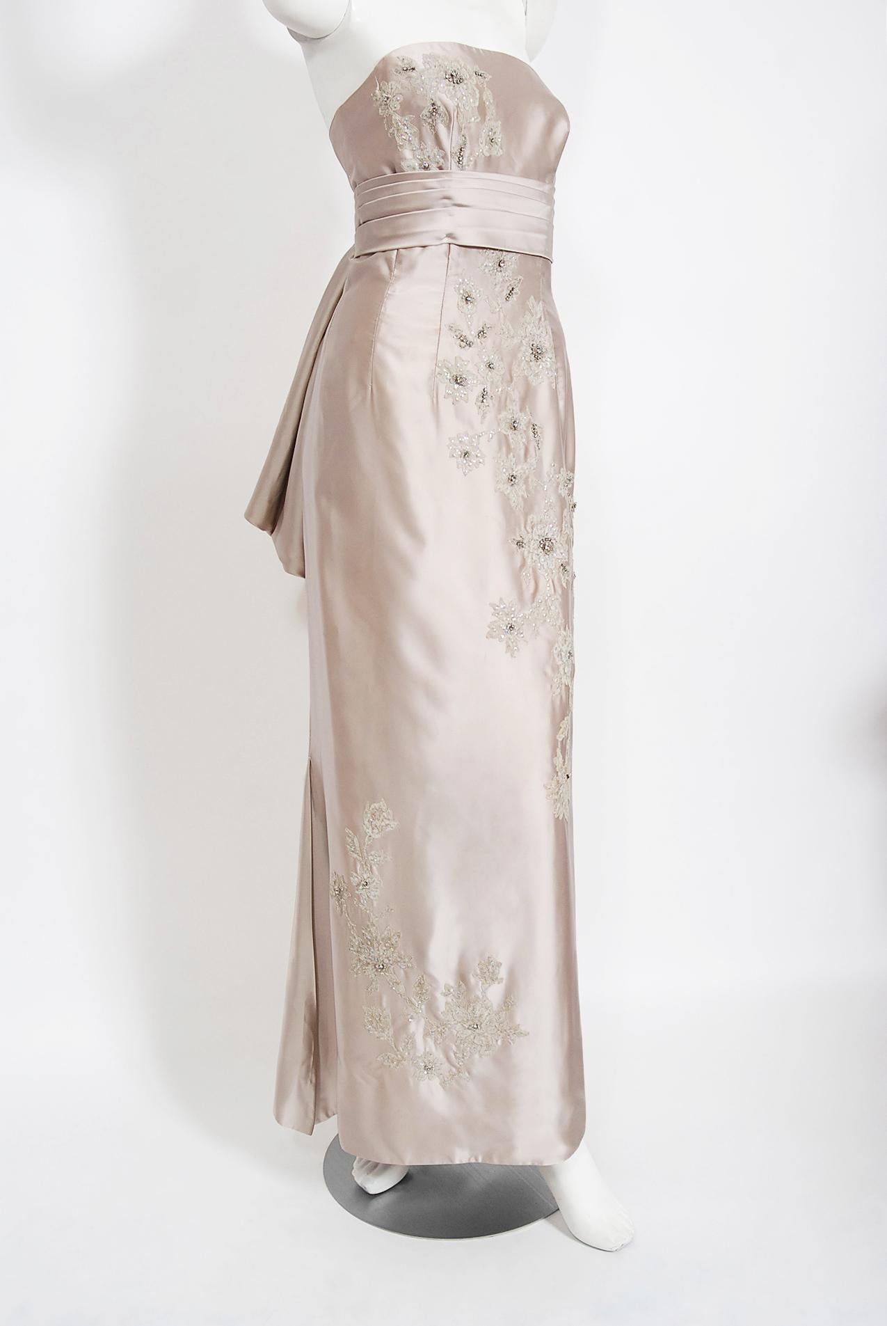 Vintage 1950's Helena Barbieri Champagne Beaded Silk Strapless Back-Bow Gown  In Good Condition In Beverly Hills, CA