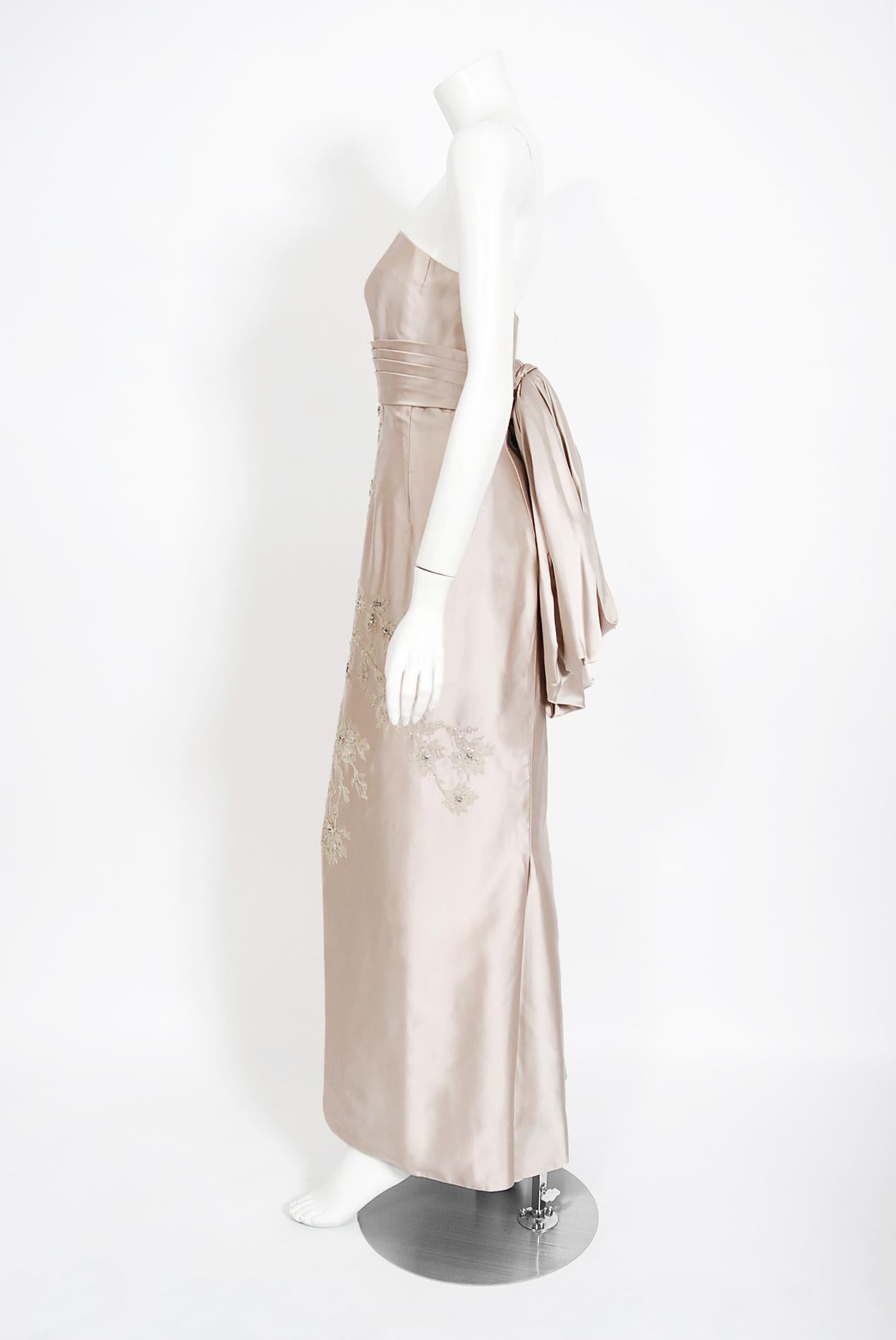 Women's Vintage 1950's Helena Barbieri Champagne Beaded Silk Strapless Back-Bow Gown 