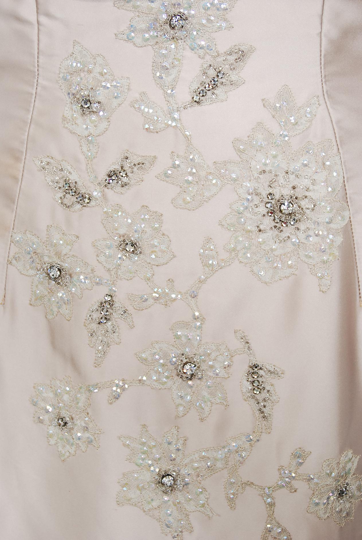 Vintage 1950's Helena Barbieri Champagne Beaded Silk Strapless Back-Bow Gown 2