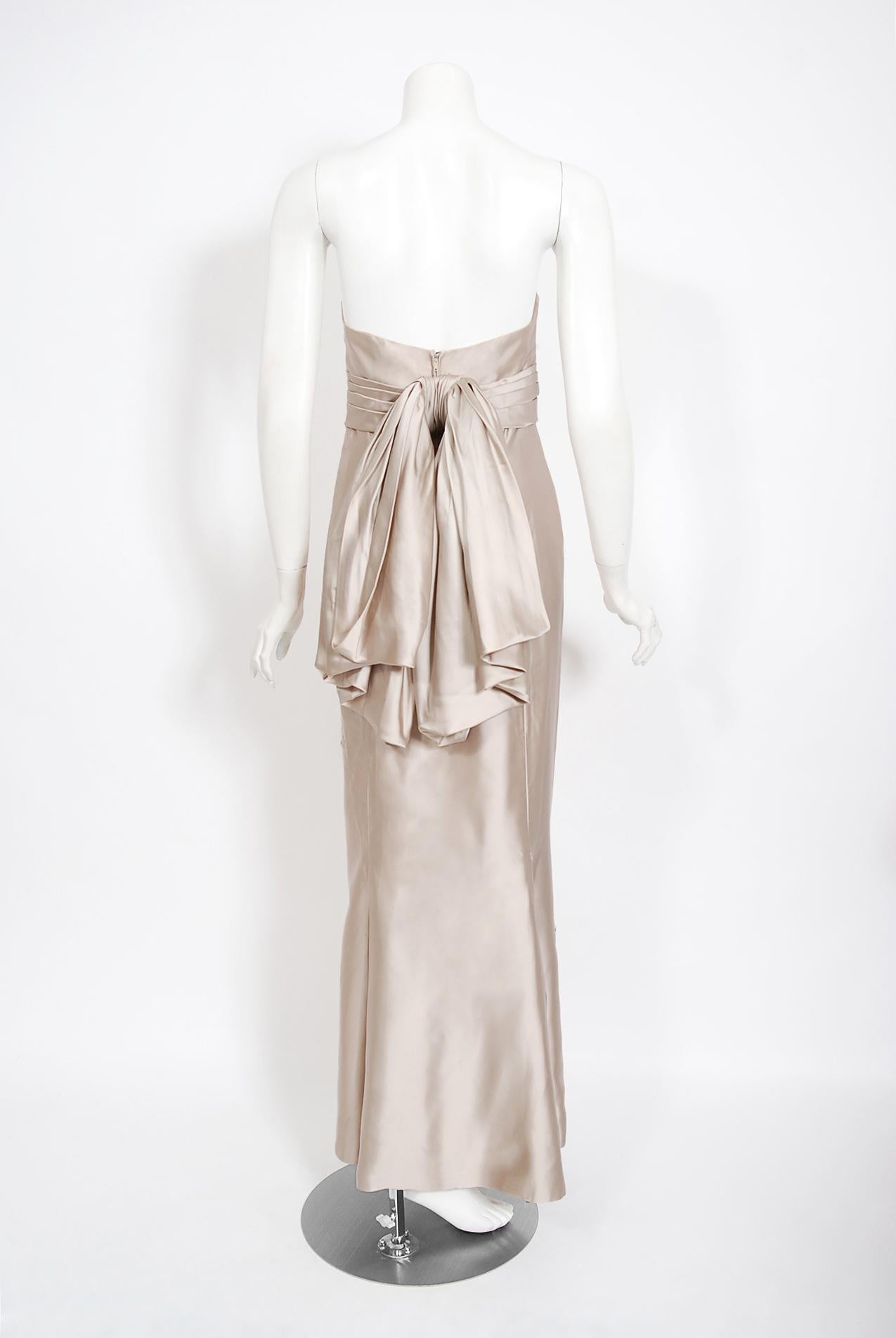 Vintage 1950's Helena Barbieri Champagne Beaded Silk Strapless Back-Bow Gown  4