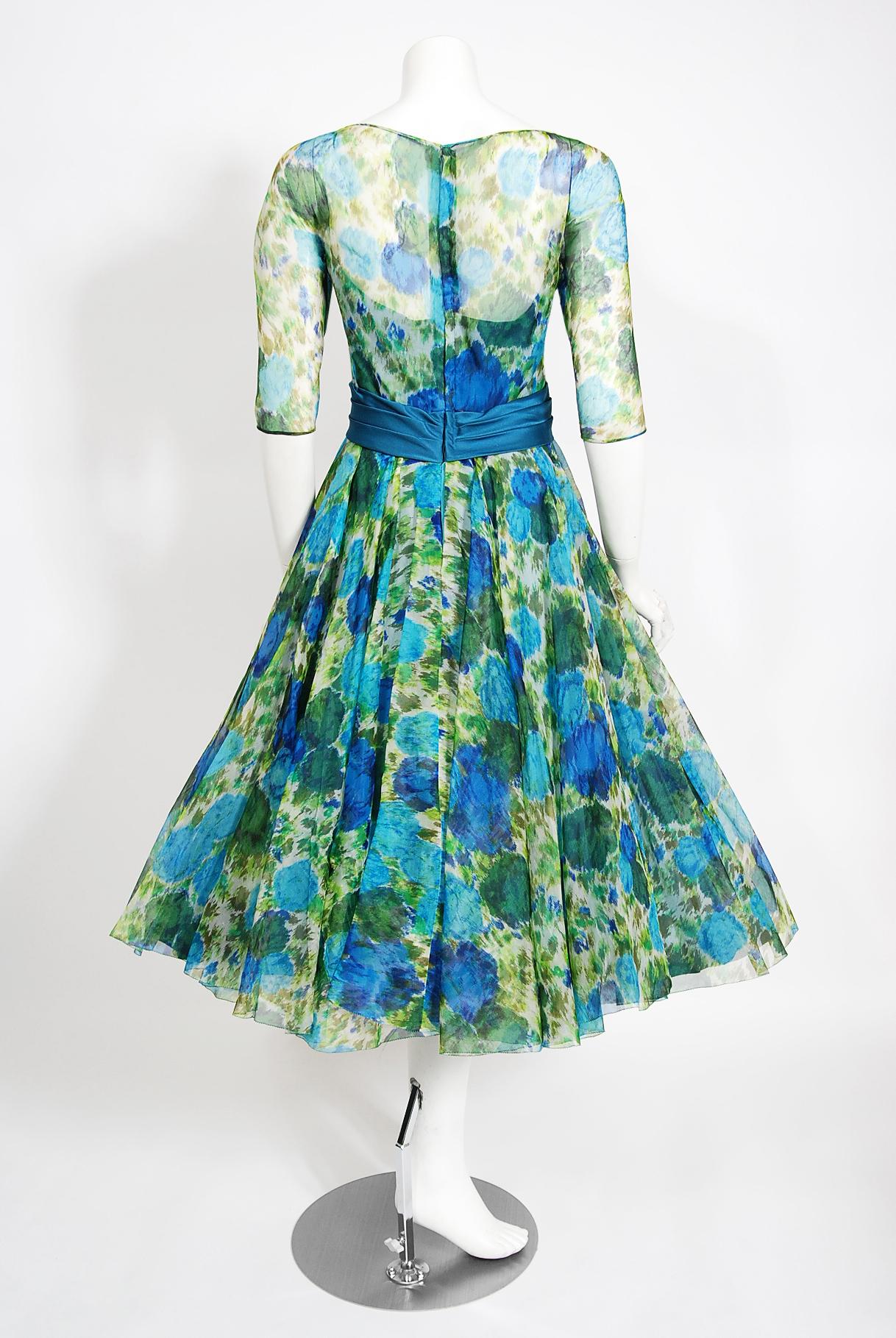 Vintage 1950s Helga Couture Blue Roses Watercolor Silk Appliqué Full-Skirt Dress 6