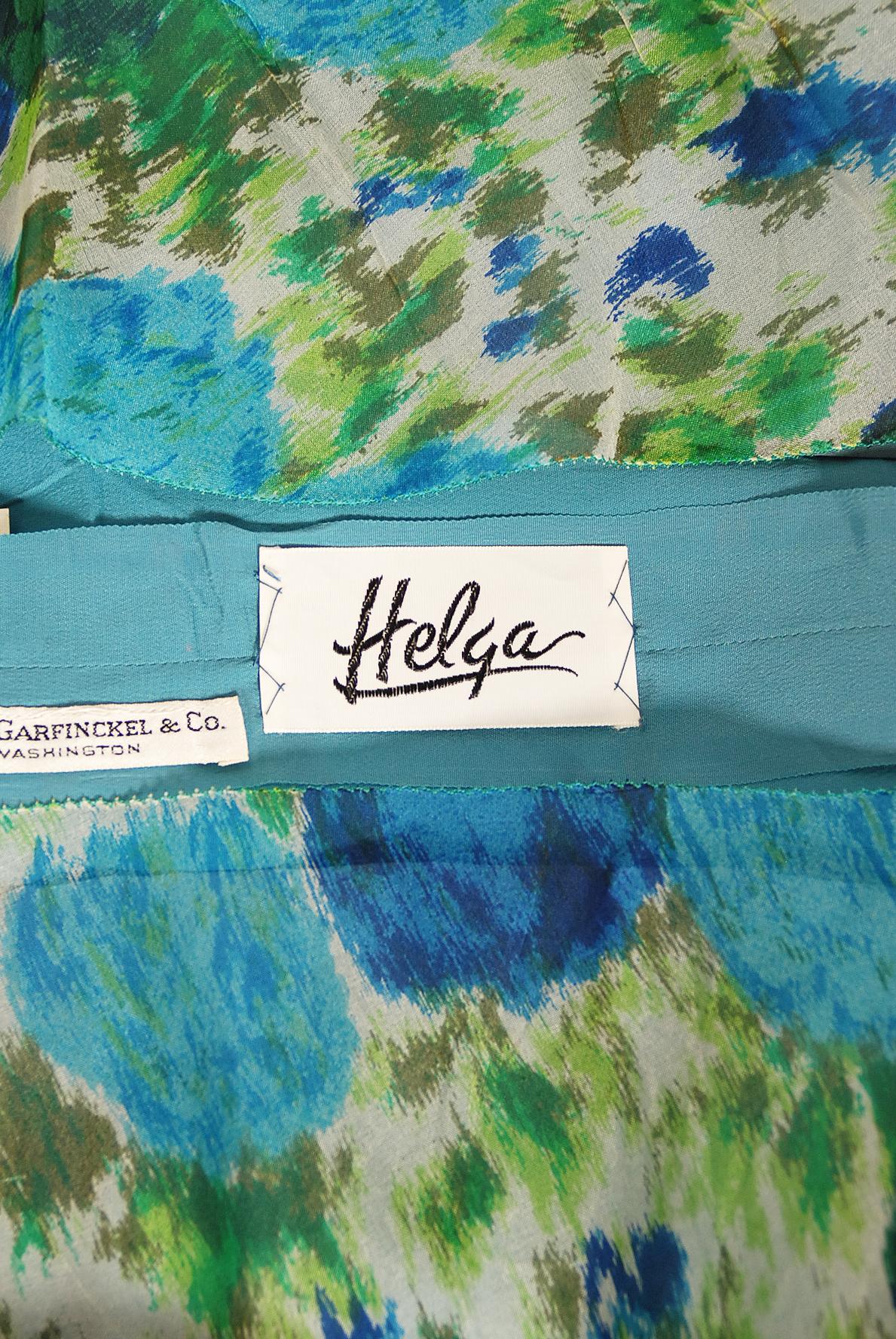 Vintage 1950s Helga Couture Blue Roses Watercolor Silk Appliqué Full-Skirt Dress 7