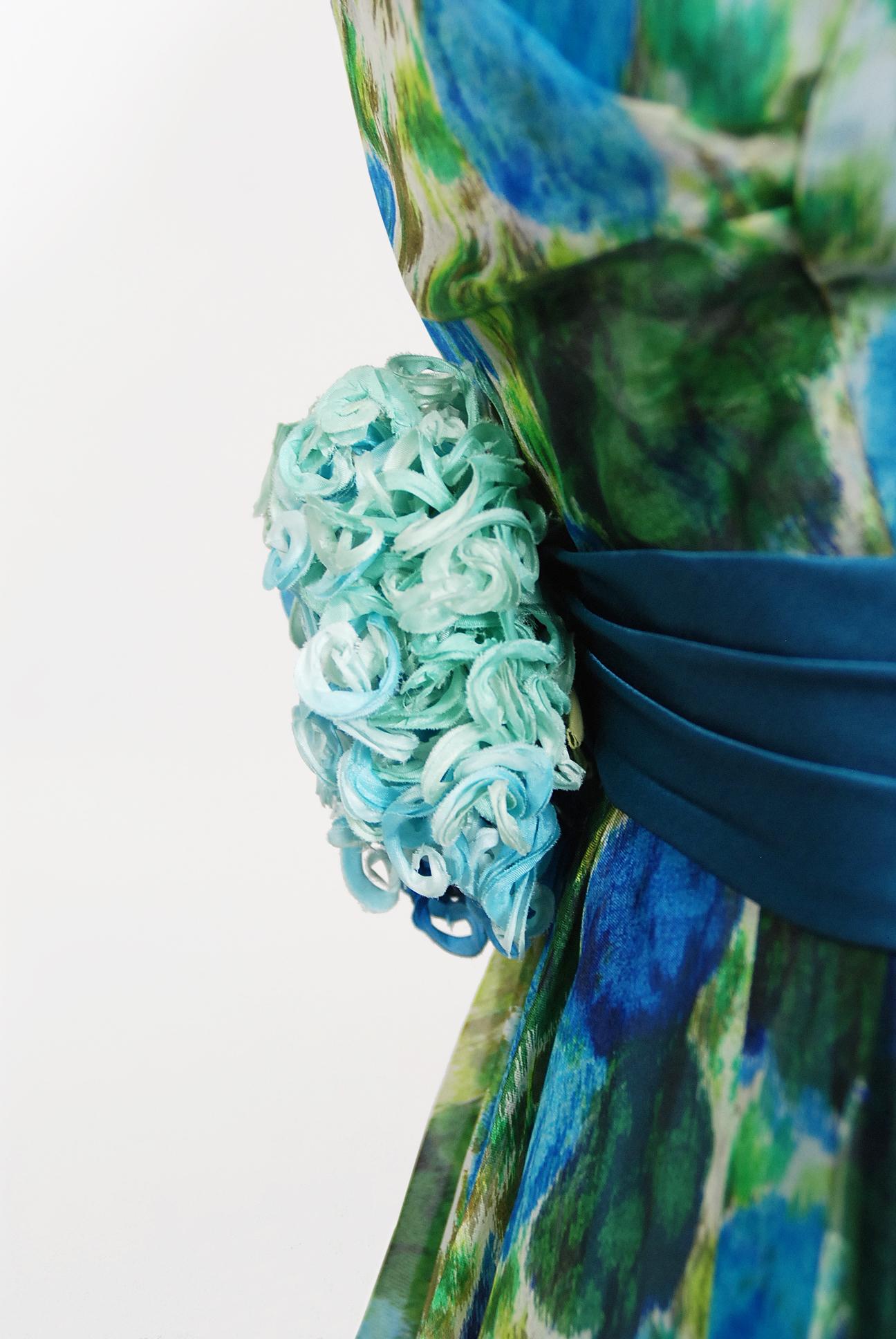 Vintage 1950s Helga Couture Blue Roses Watercolor Silk Appliqué Full-Skirt Dress 1