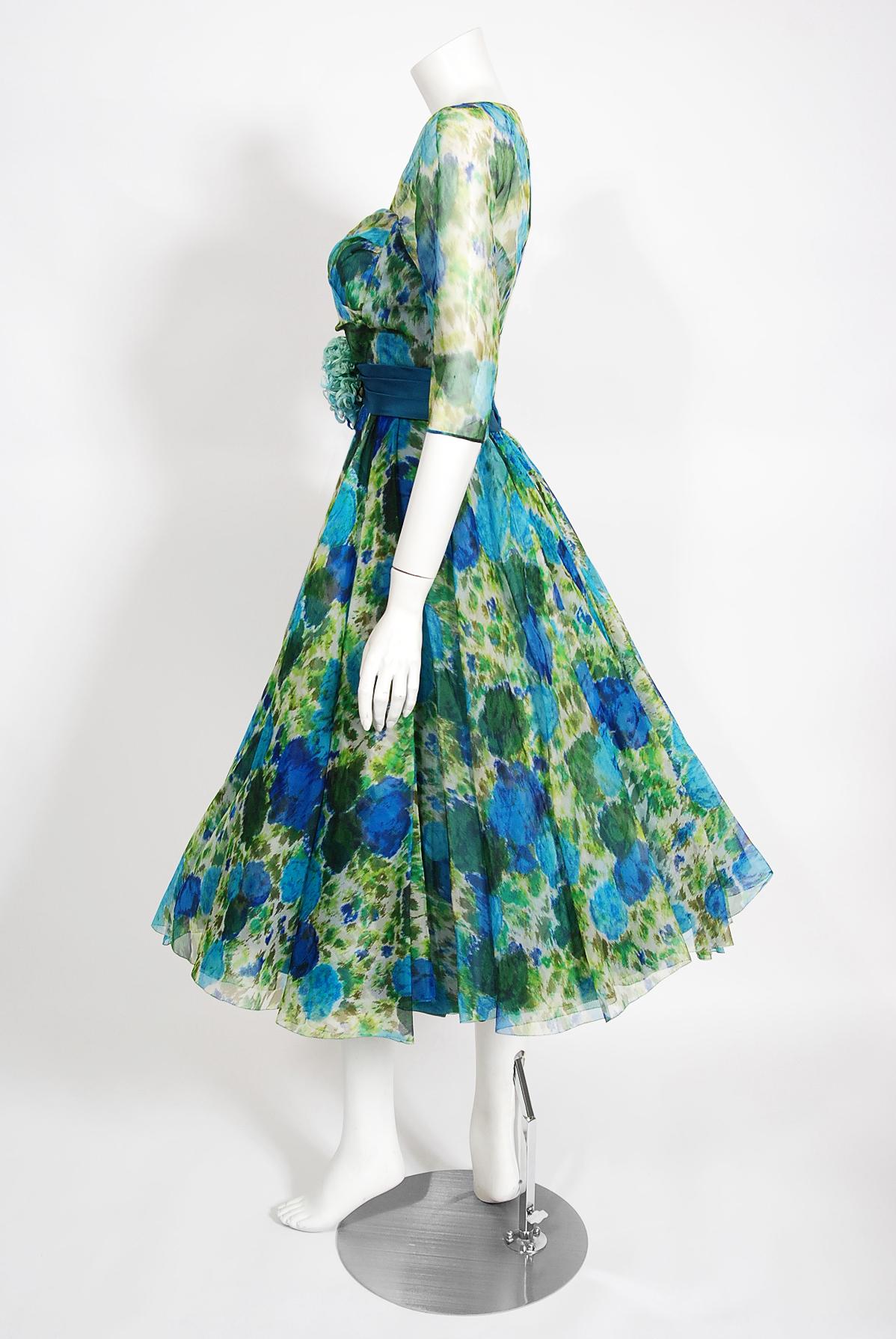 Vintage 1950s Helga Couture Blue Roses Watercolor Silk Appliqué Full-Skirt Dress 2