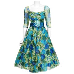 Vintage 1950s Helga Couture Blue Roses Watercolor Silk Appliqué Full-Skirt Dress