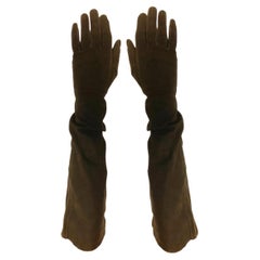 Vintage 1950s Hermes Couture Brown Suede Elbow Gloves