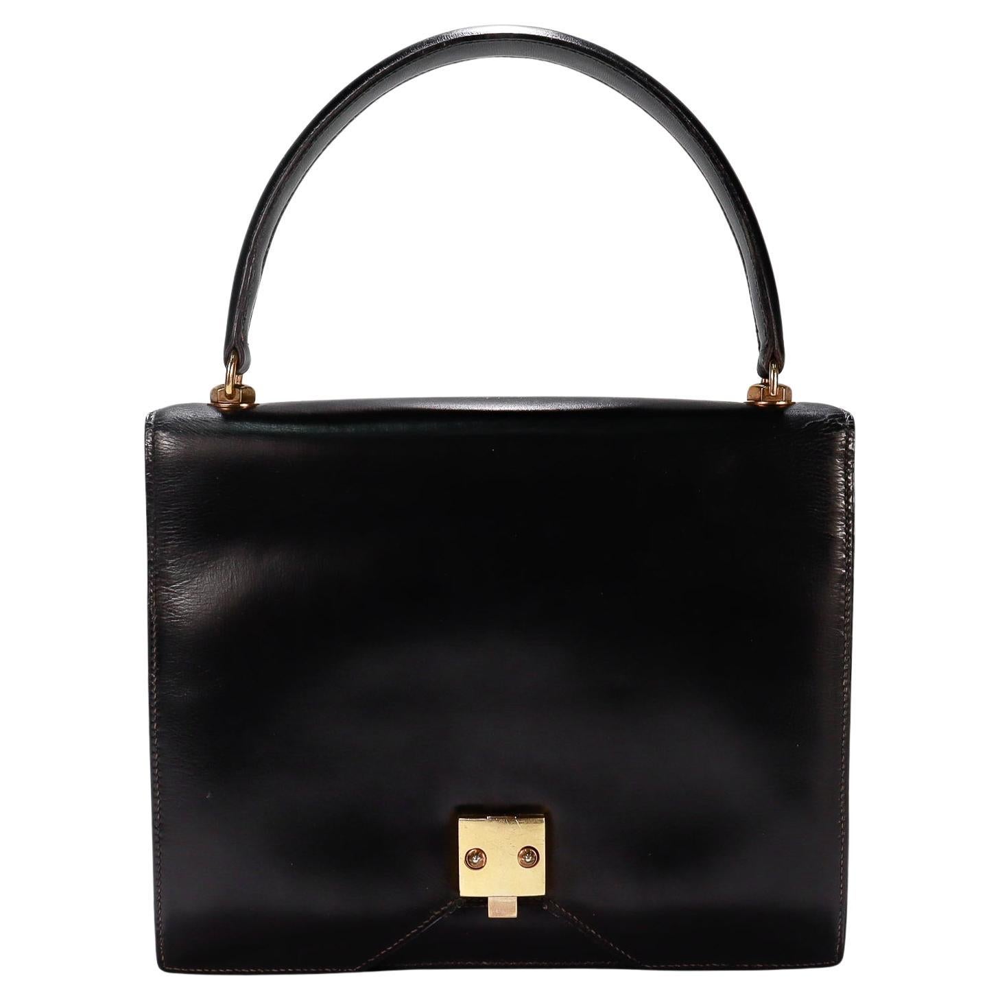 Vintage 1950s Hermes "Sac G8" Handtasche in schwarzer Box Leder