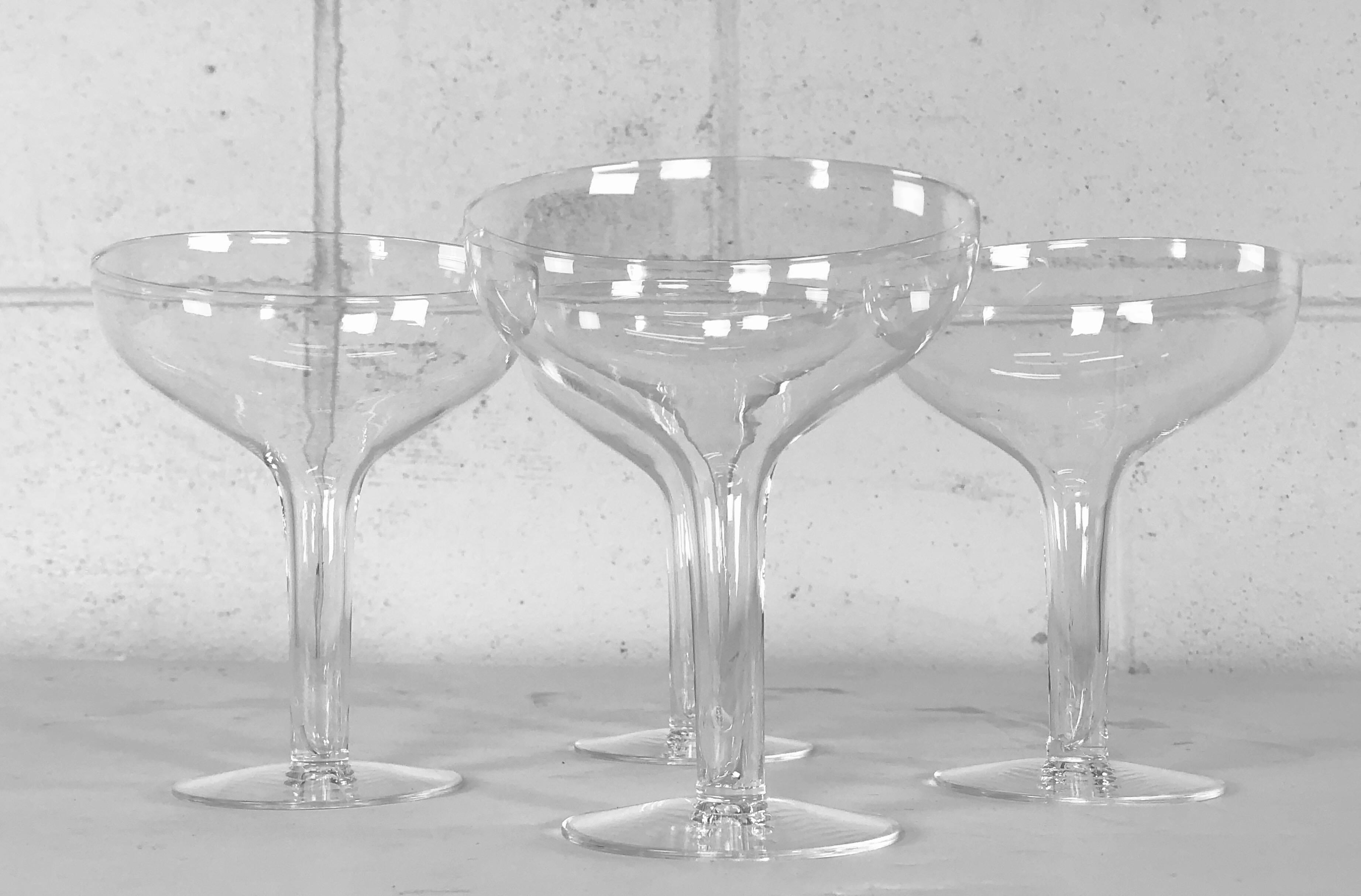 American Vintage 1950s Hollow Stem Clear Glass Coupes, Set of 4