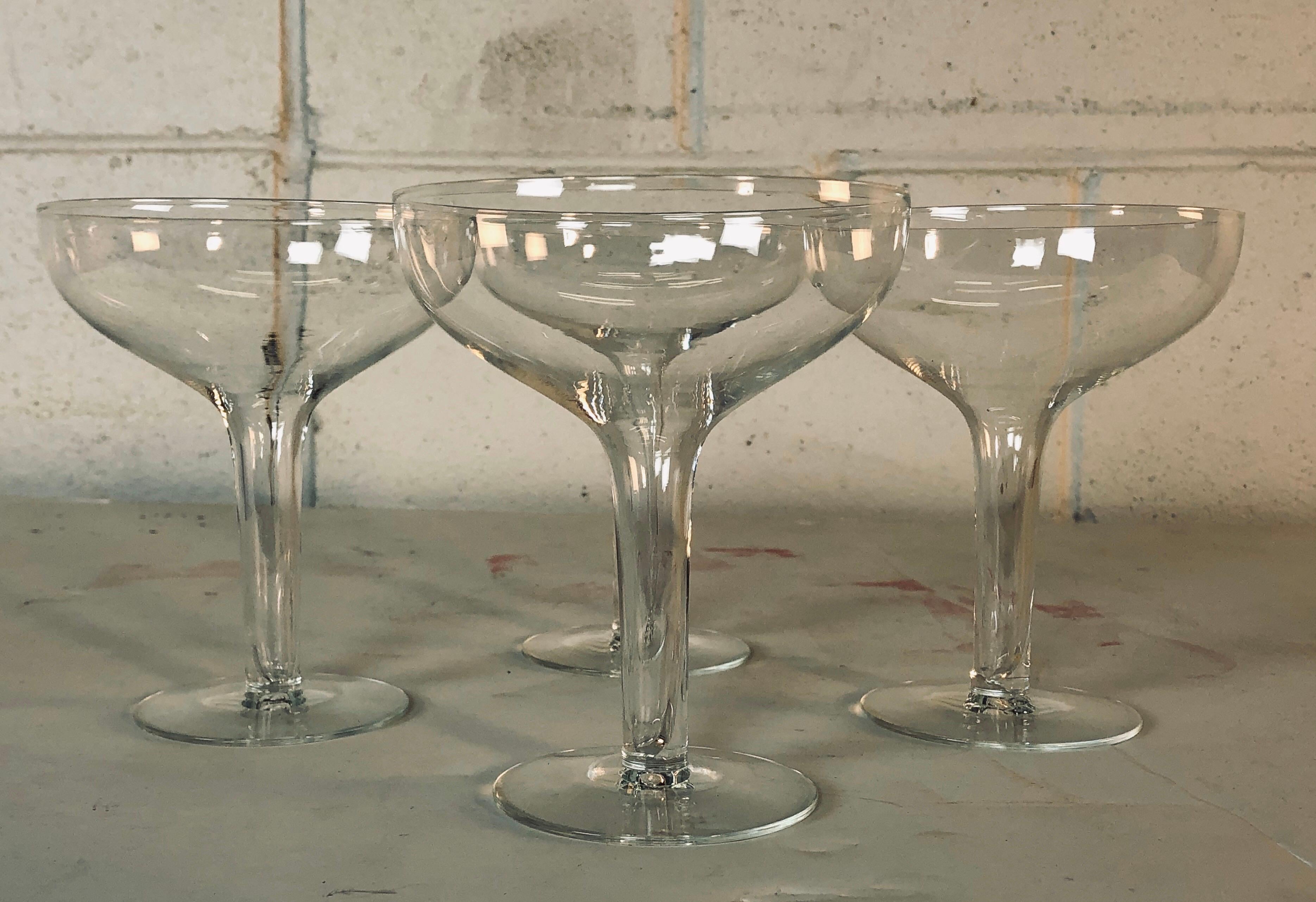Vintage 1950s Hollow Stem Clear Glass Coupes, Set of 4 In Good Condition In Amherst, NH