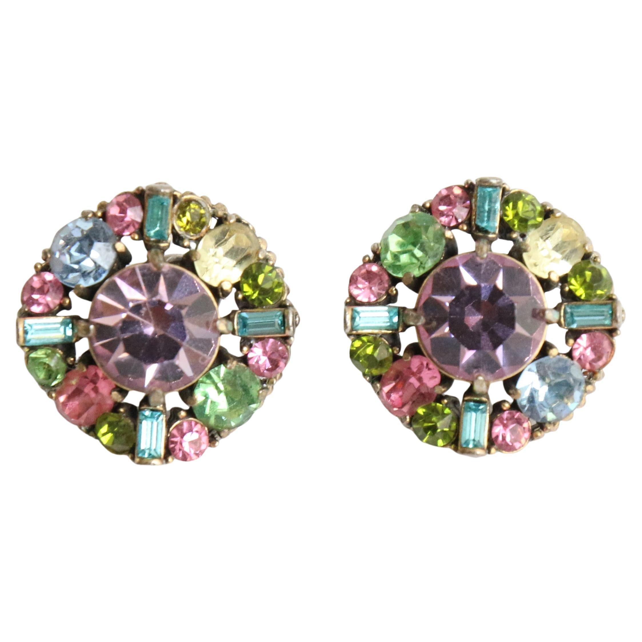 Vintage 1950's Hollycraft pastel rhinestone screw back earrings midcentury For Sale