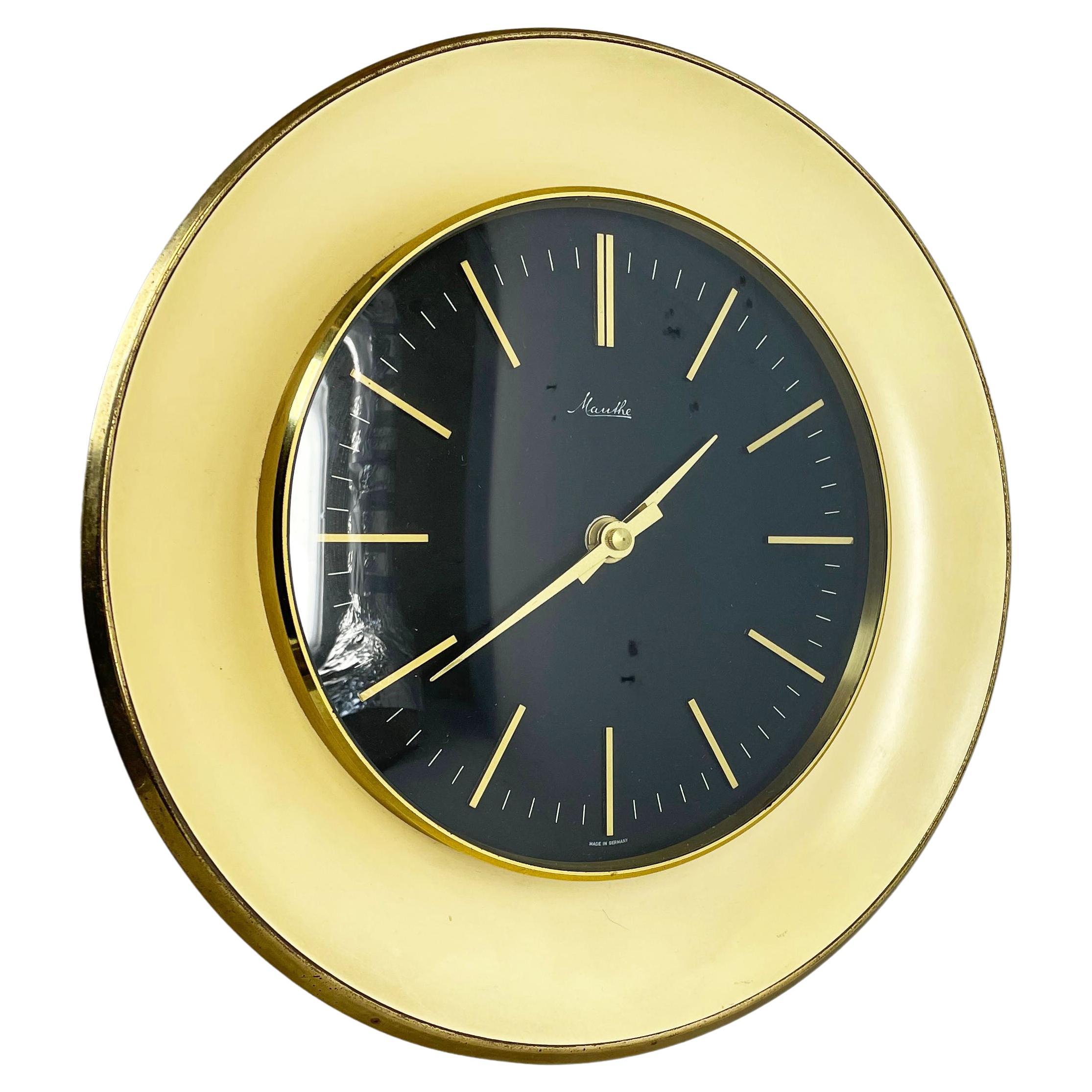Vintage 1950s Hollywood Regency Brass Wall Clock Mauthe Electric, Germany