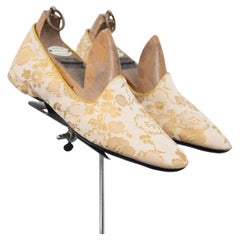 Vintage 1950's Hausschuhe Gelb Brokat Satin Pantoffeln UK 6 US 8 EU 39
