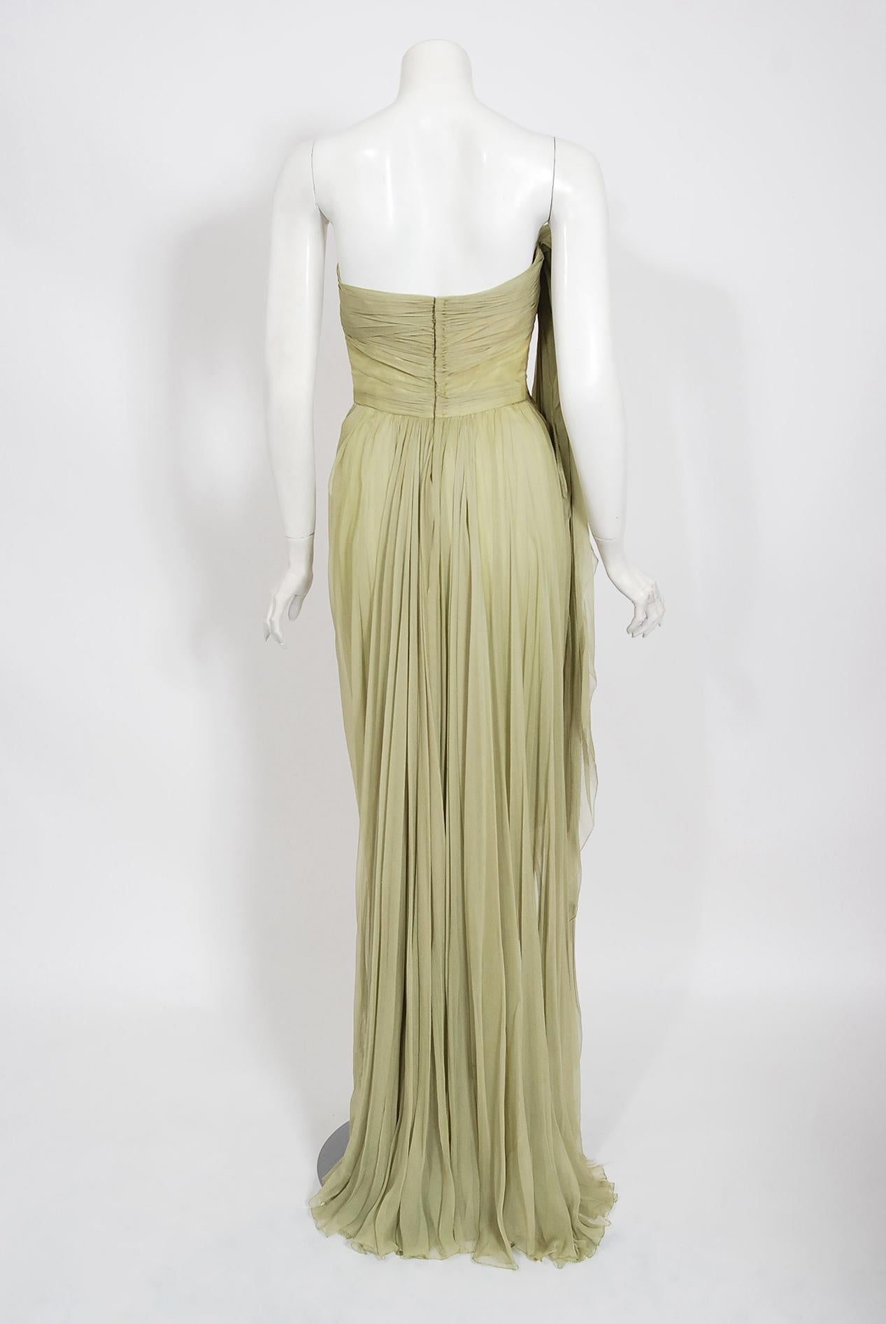 Vintage 1950's Howard Greer Couture Sage-Green Draped Chiffon Strapless Gown   2