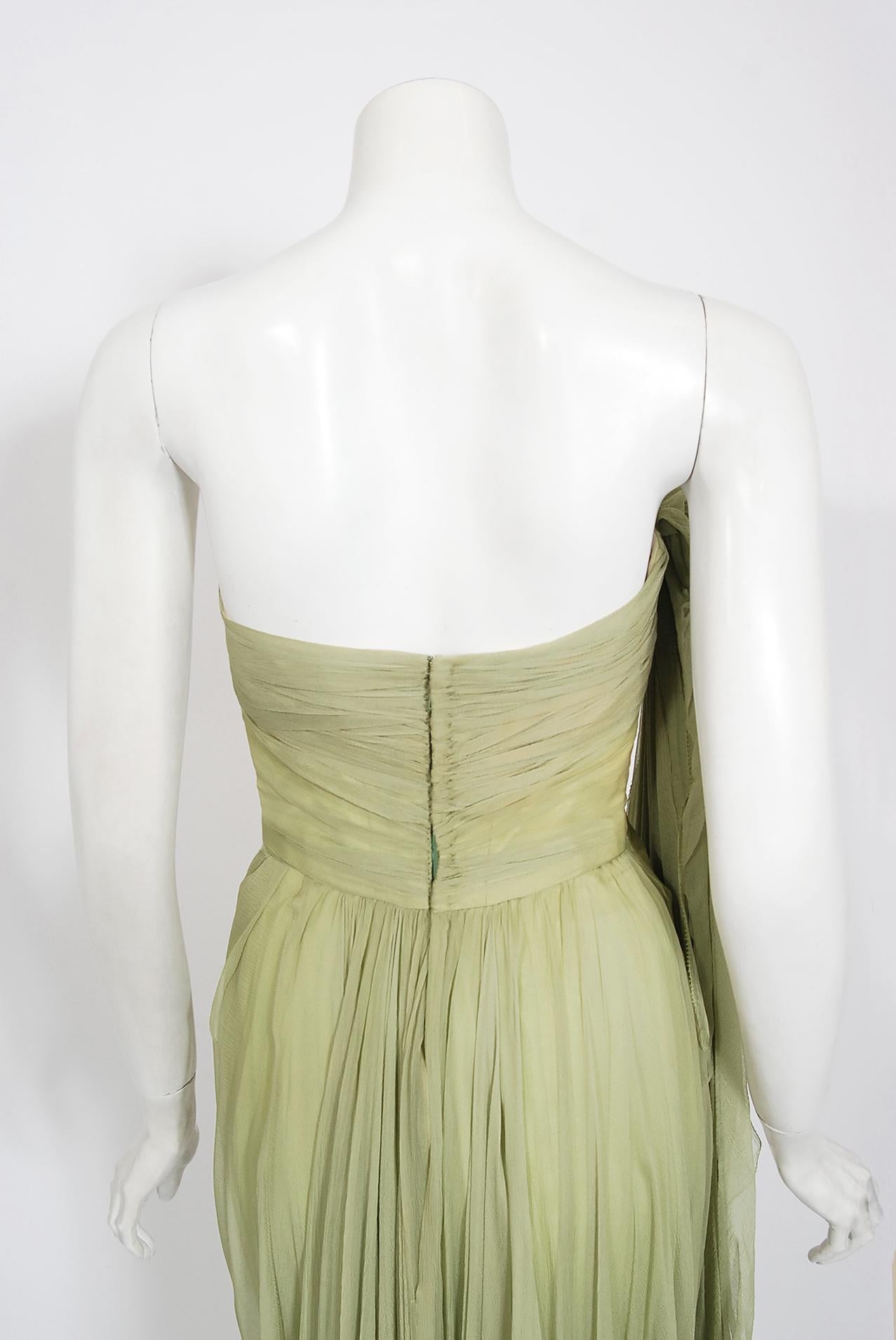 Vintage 1950's Howard Greer Couture Sage-Green Draped Chiffon Strapless Gown   3