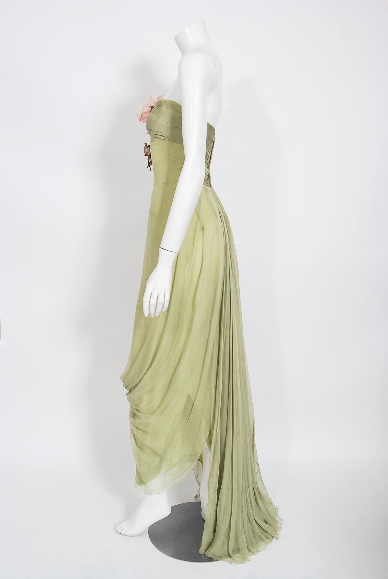 Women's Vintage 1950's Howard Greer Couture Sage-Green Draped Chiffon Strapless Gown  