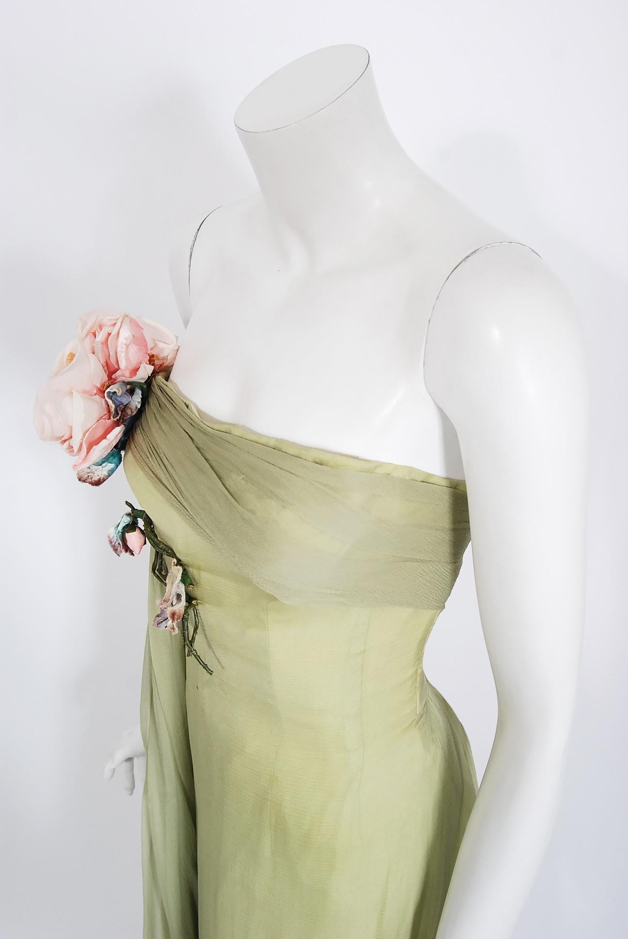 Vintage 1950's Howard Greer Couture Sage-Green Draped Chiffon Strapless Gown   1