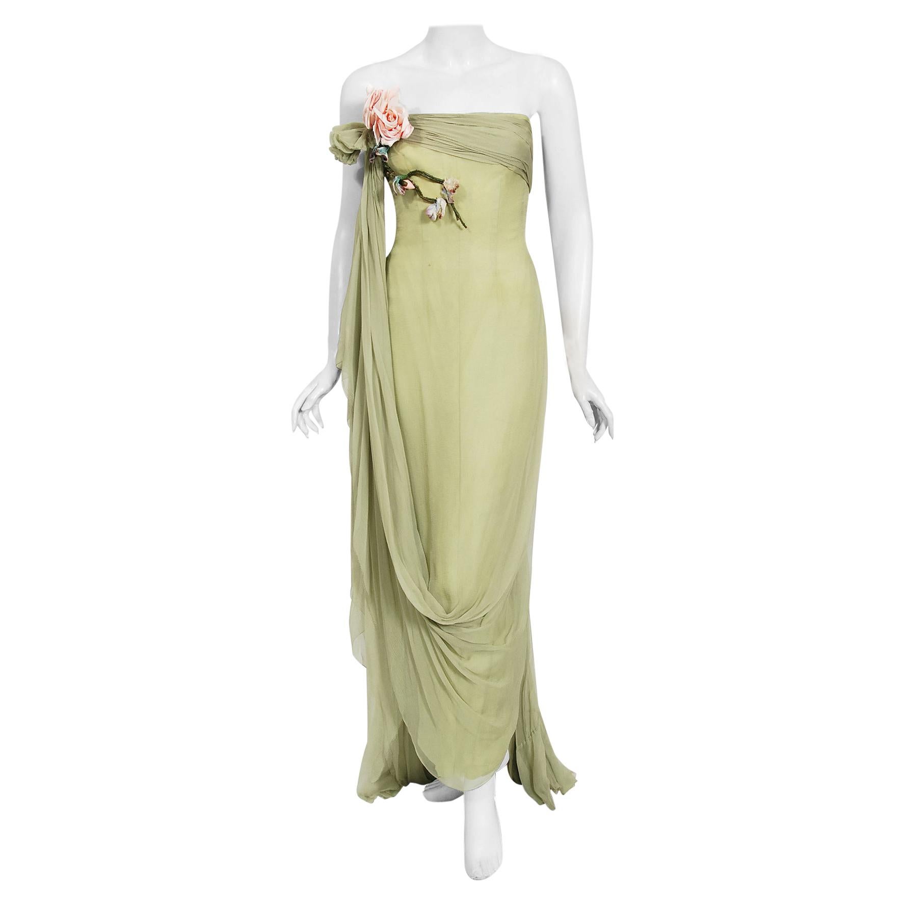 Vintage 1950's Howard Greer Couture Sage-Green Draped Chiffon Strapless  Gown at 1stDibs