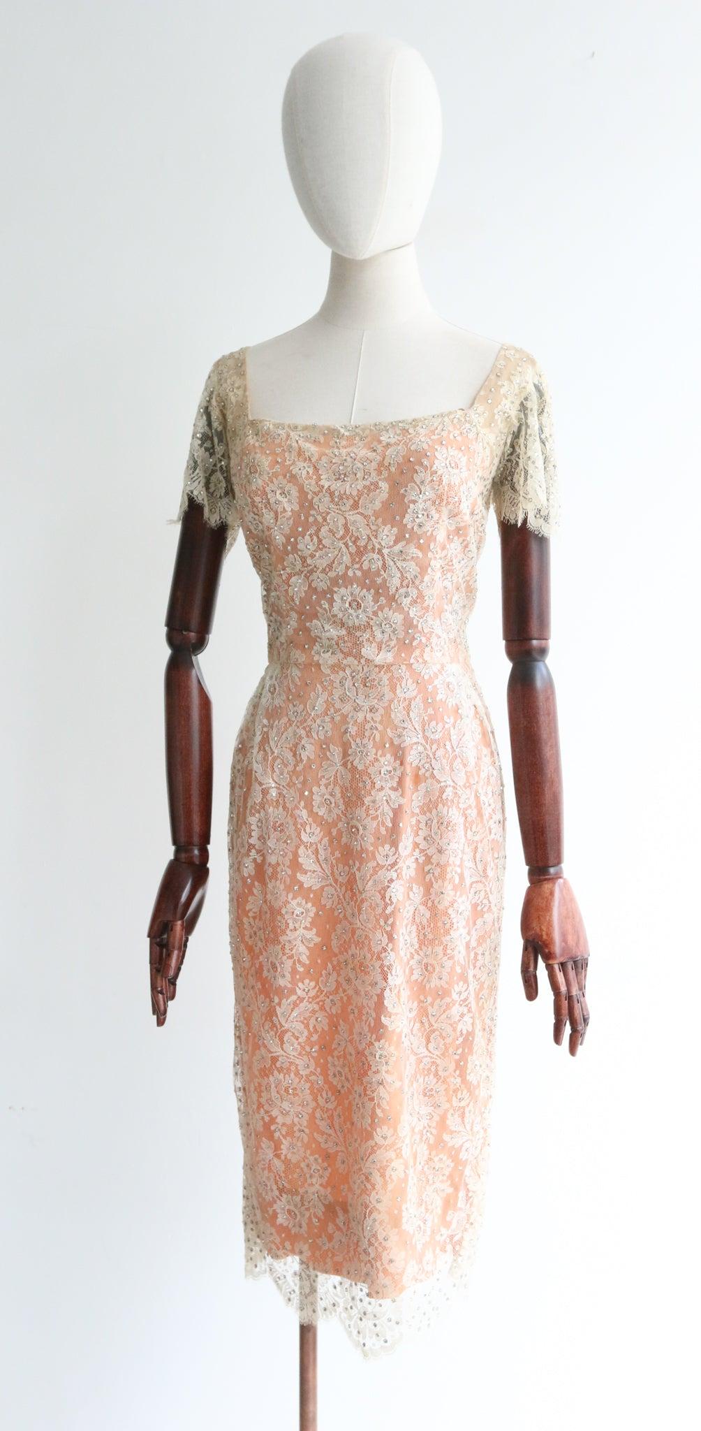 Beige Vintage 1950's Howard Greer Lace and Rhinestone Embellished Dress UK 8 US 4 For Sale