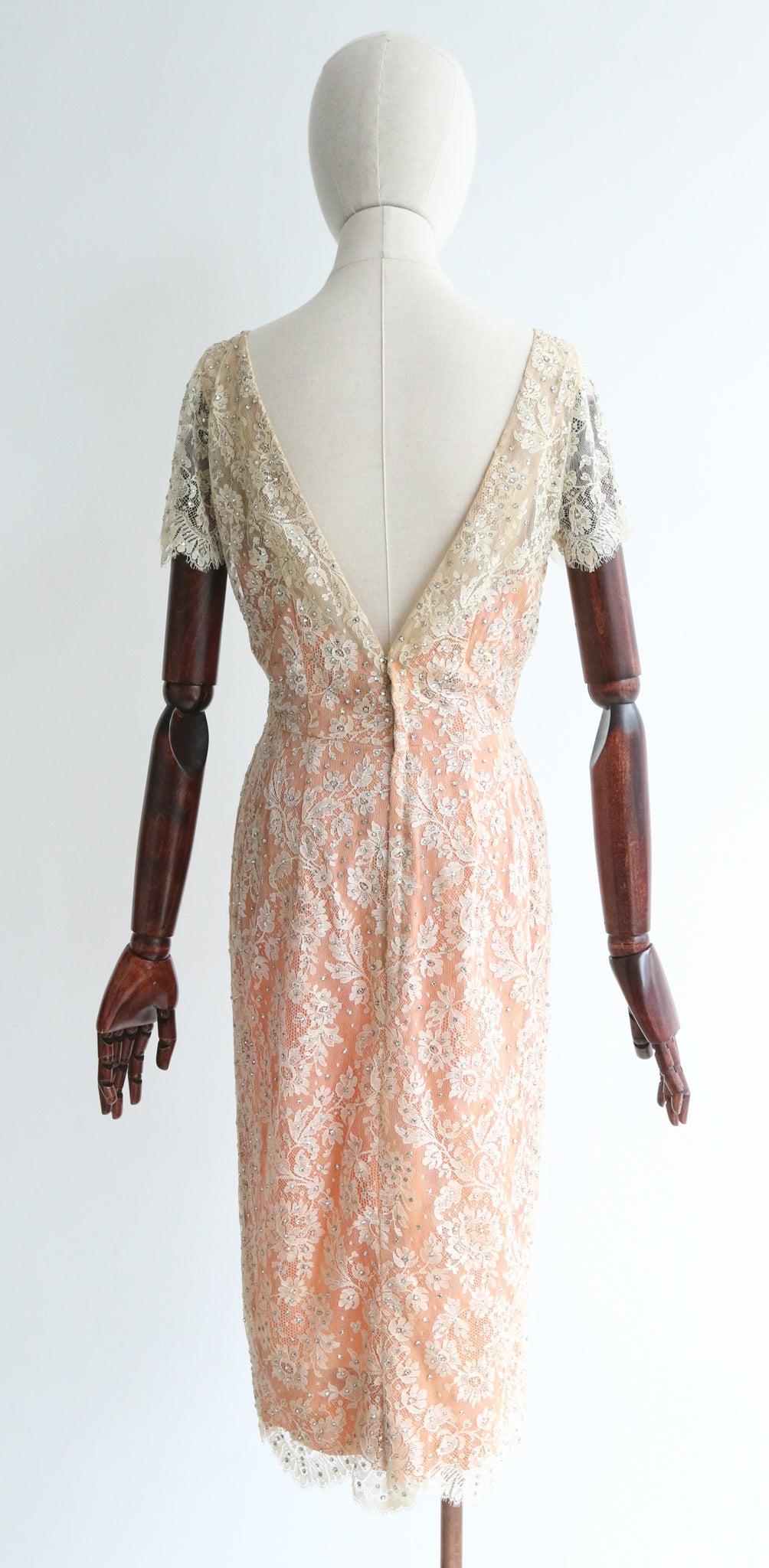 Women's Vintage 1950's Howard Greer Lace and Rhinestone Embellished Dress UK 8 US 4 For Sale